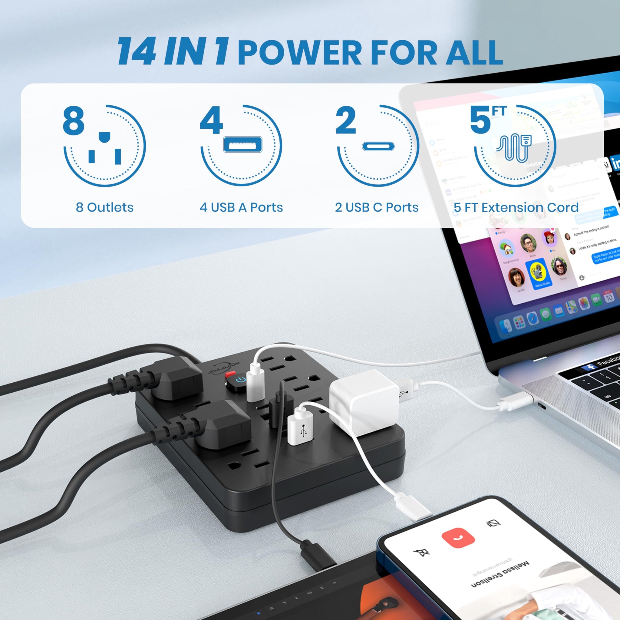 Power Strip Surge Protector With USB Ports Wall Mount