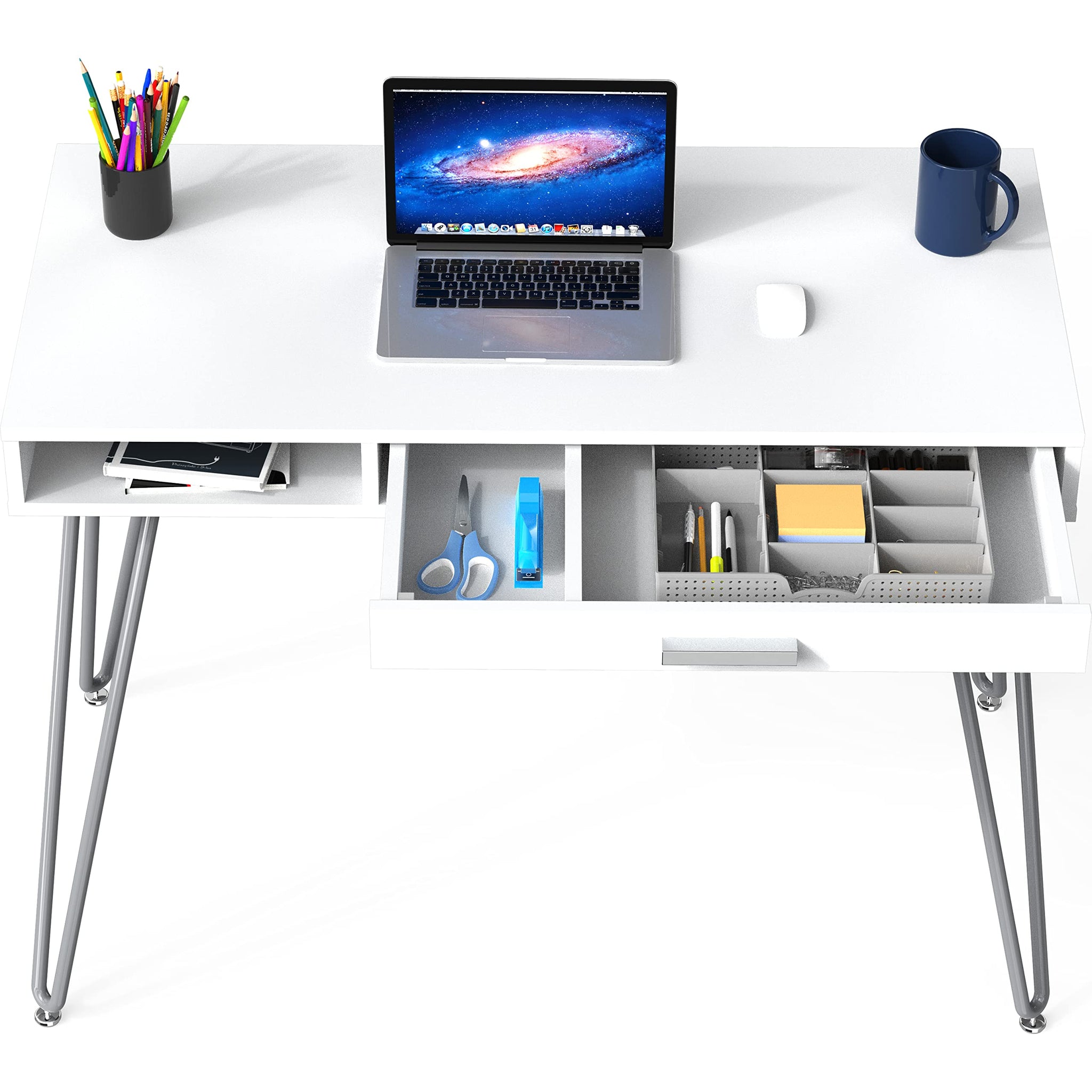 Elegant White Hairpin Leg Desk with Drawer