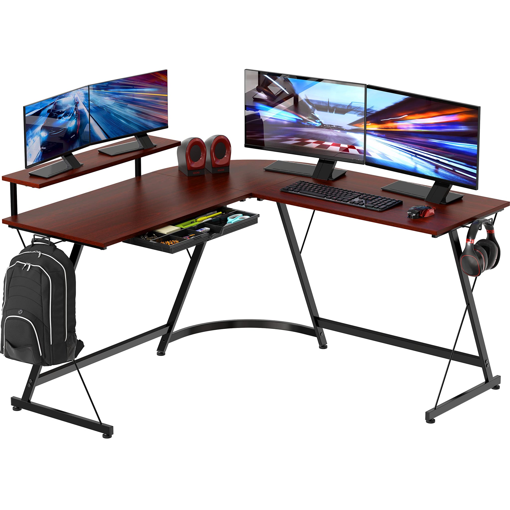 L Shaped Black Desk with Monitor Stand and Drawer
