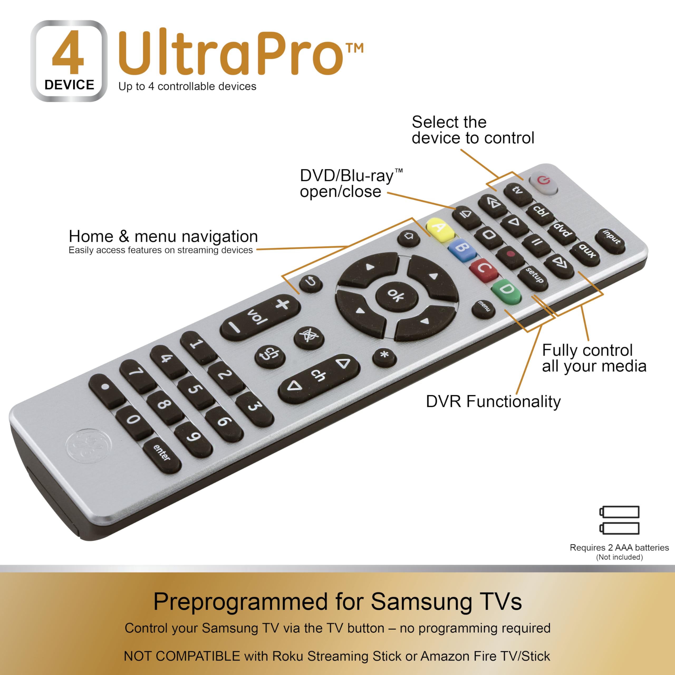 GE Universal Remote Control for 4 Devices Easy Setup