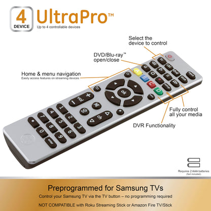 GE Universal Remote Control for 4 Devices Easy Setup