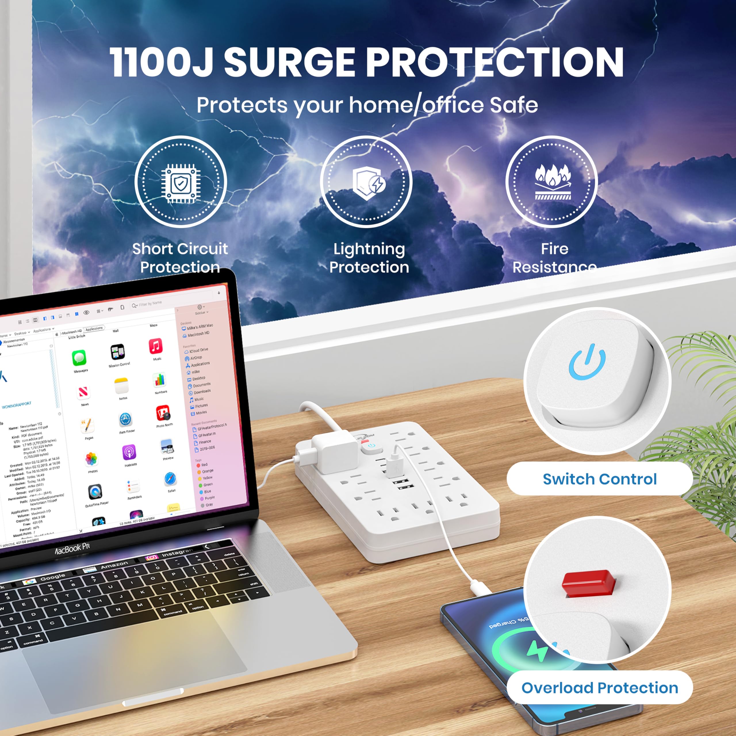 Power Strip Surge Protector With USB Ports Wall Mount