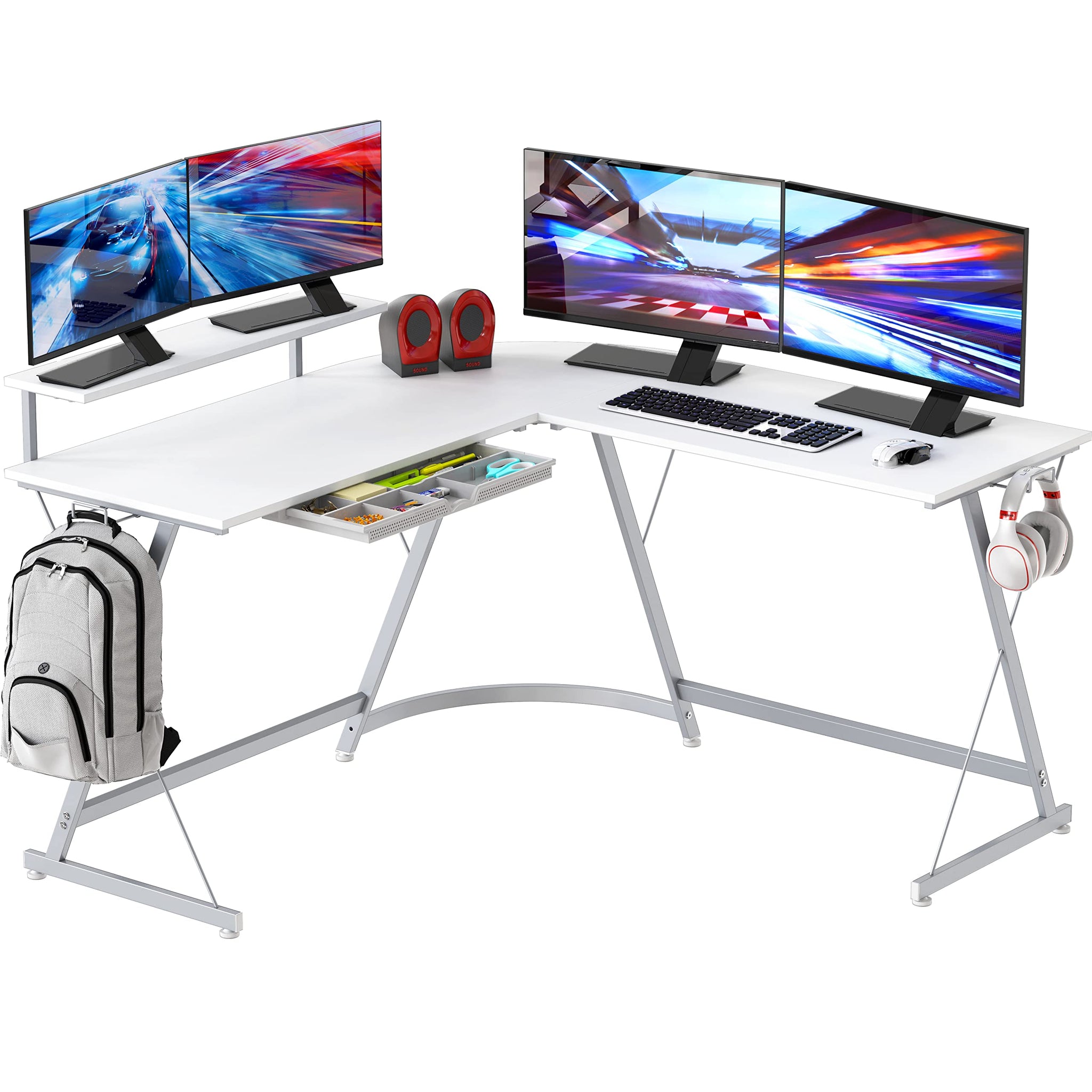 L Shaped Black Desk with Monitor Stand and Drawer