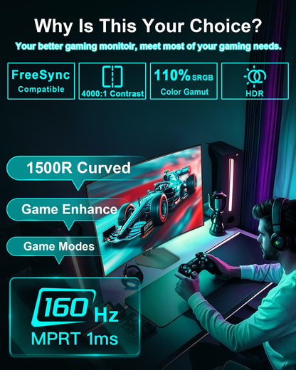 Sansui 27 Inch Curved Gaming Monitor 160Hz FreeSync HDR