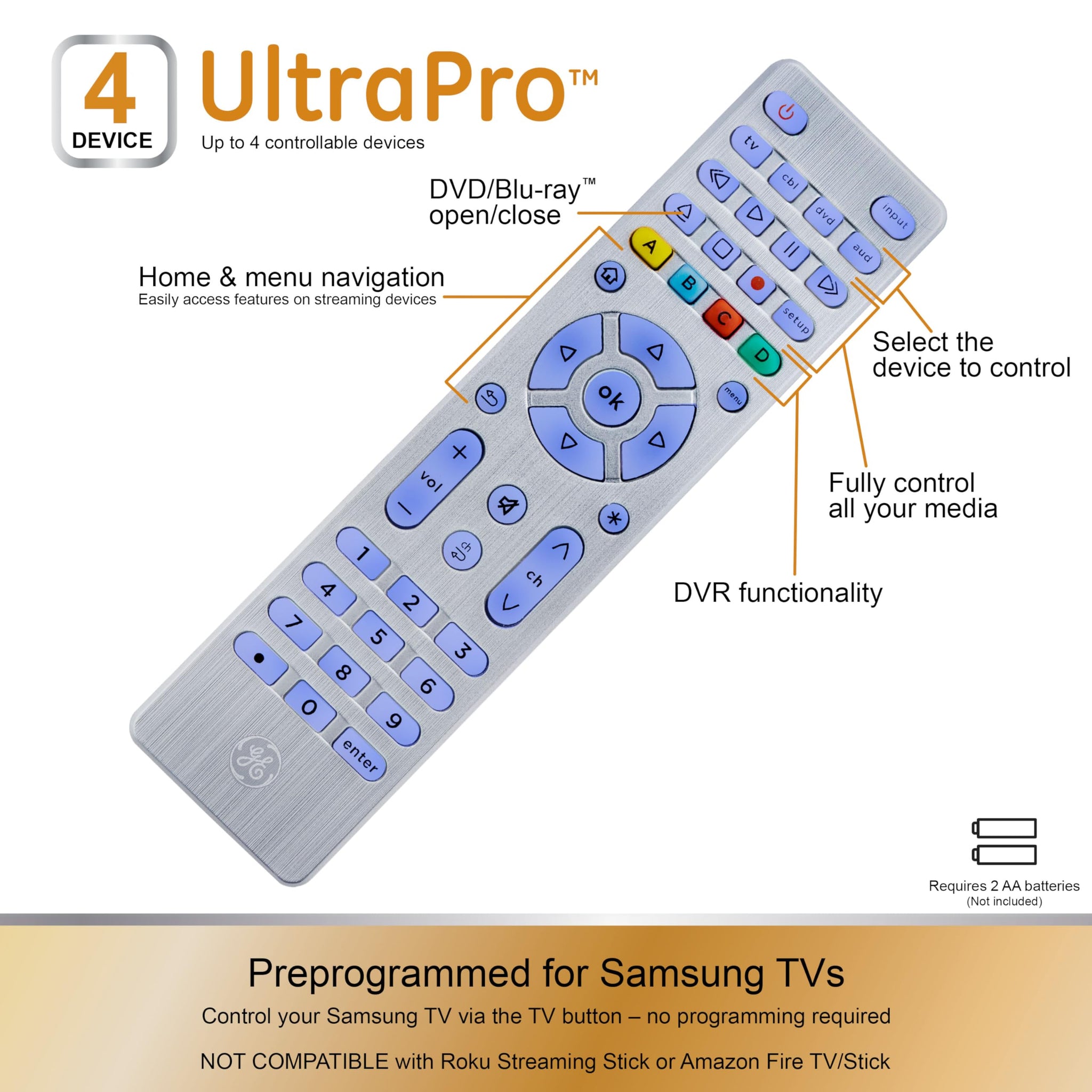 GE 4 Device Universal Remote with Backlit Buttons