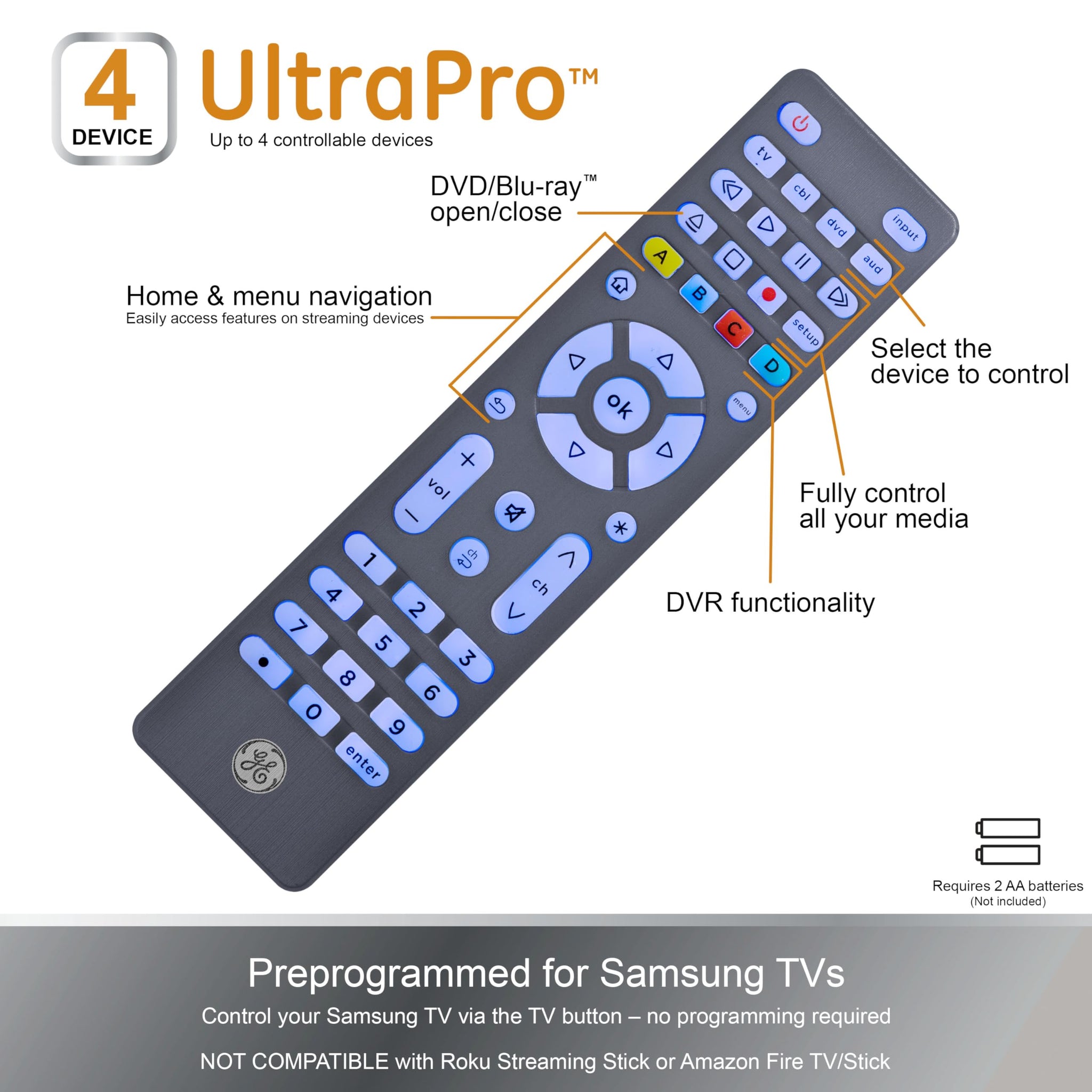 GE 4 Device Universal Remote with Backlit Buttons