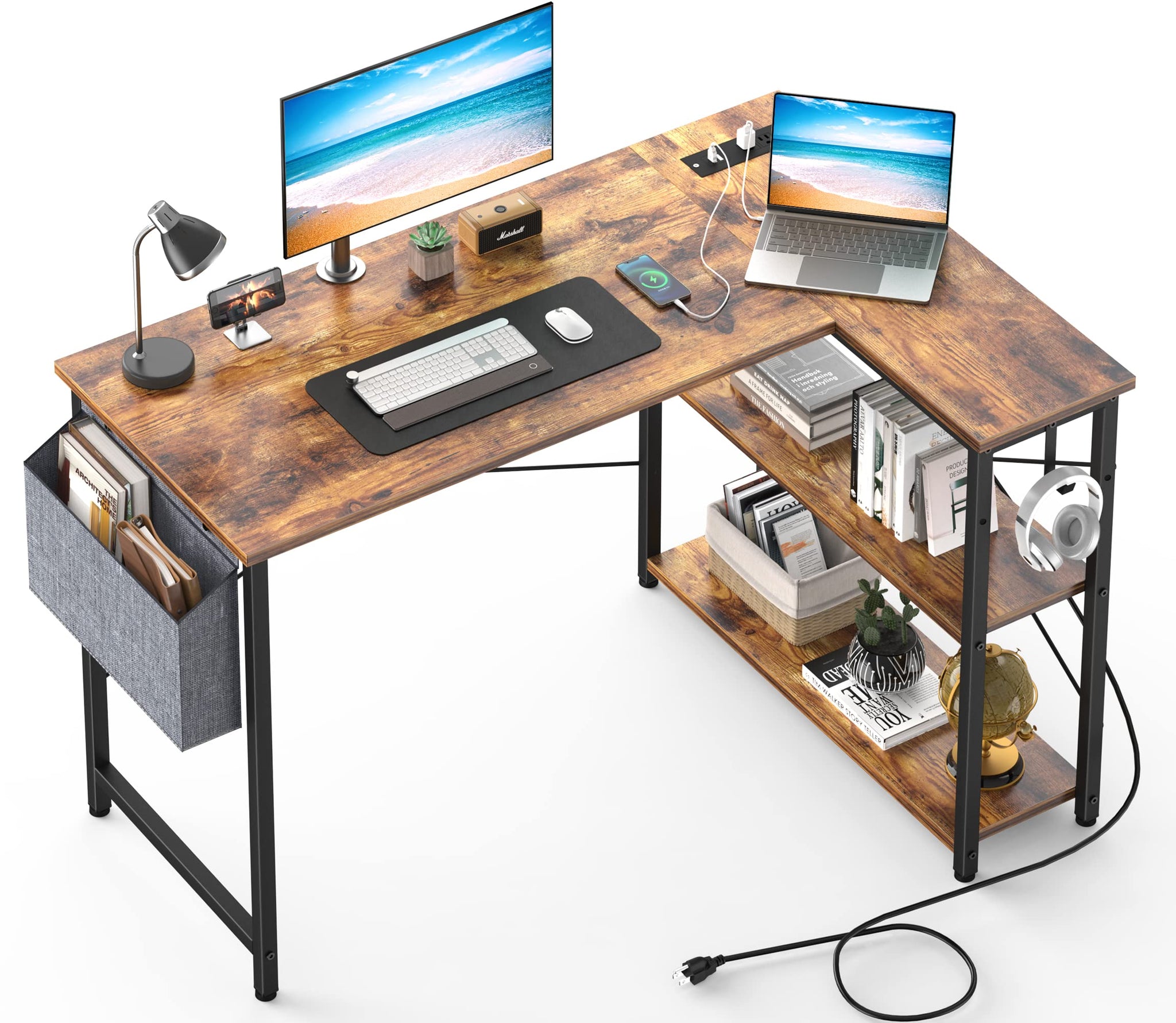L Shaped Office Desk with USB Ports for Small Spaces