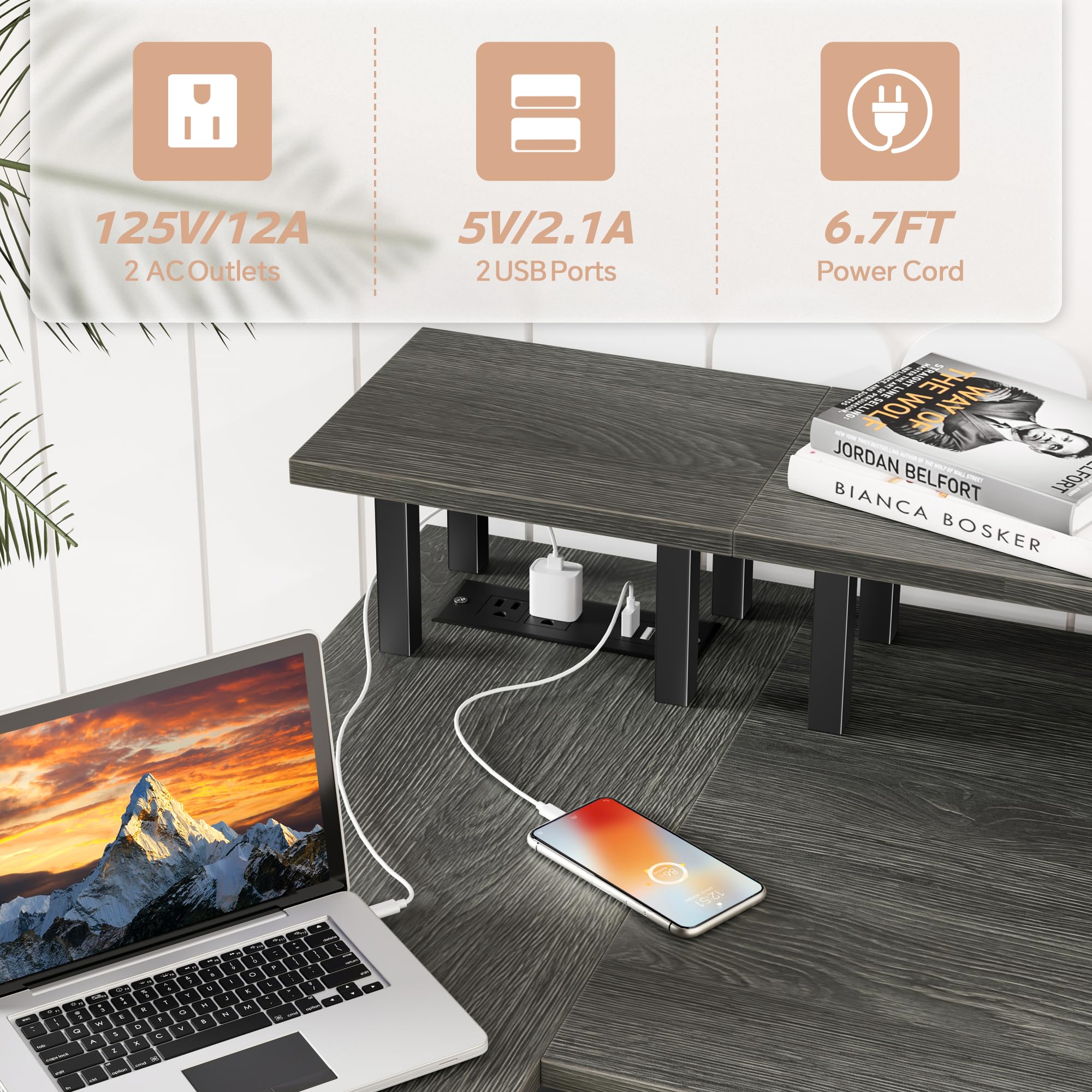 L Shaped Desk with Power Outlets and LED Lights