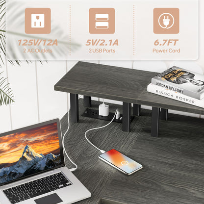 L Shaped Desk with Power Outlets and LED Lights