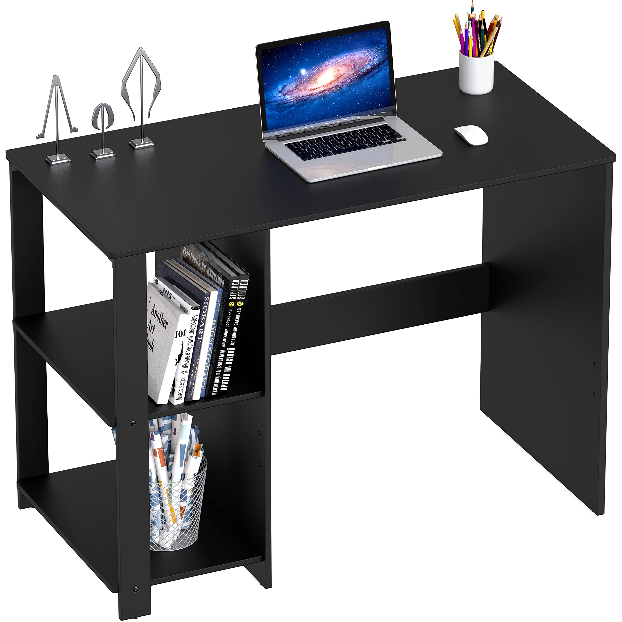 SHW 38 Inch Black Home Office Desk with Shelves