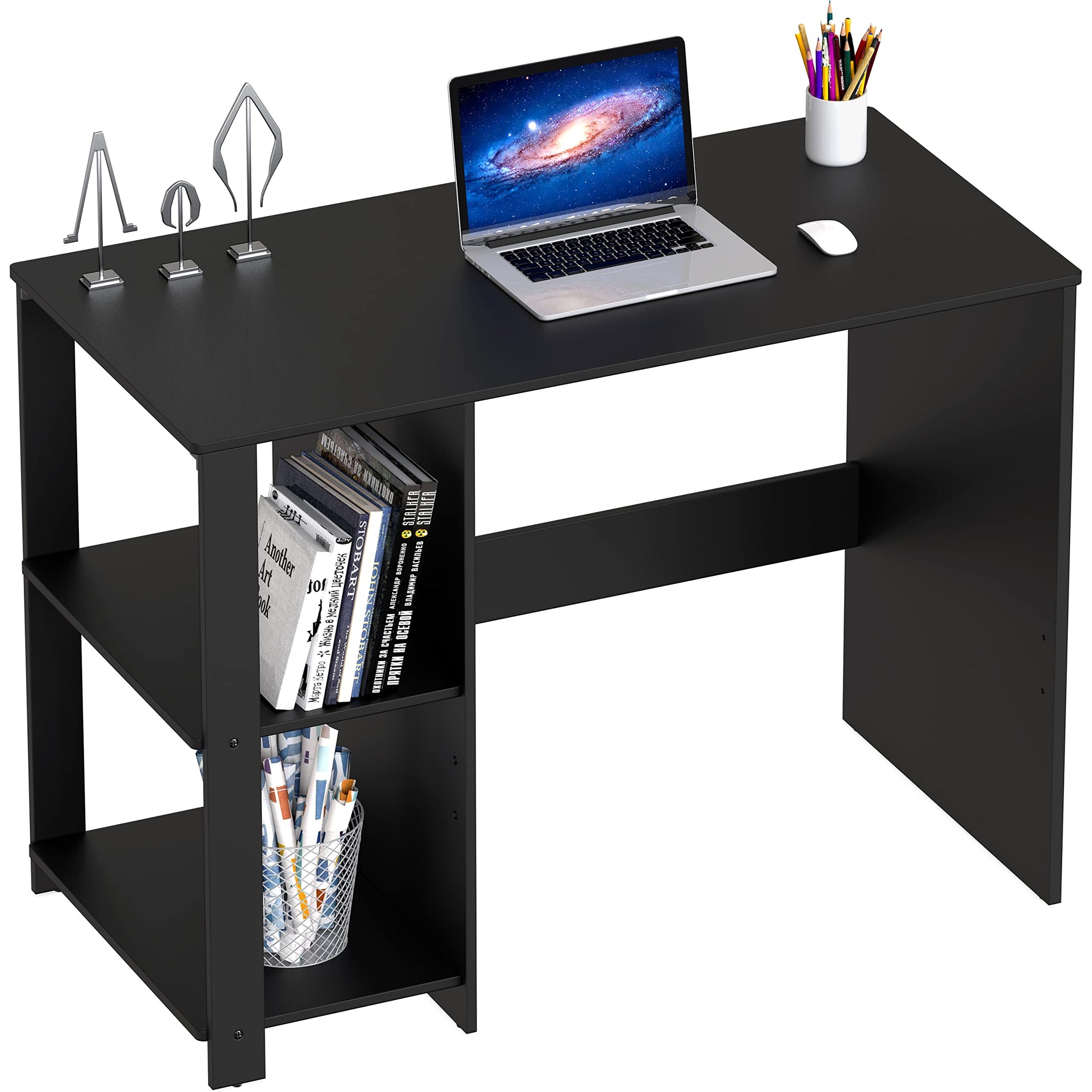 SHW 38 Inch Black Home Office Desk with Shelves