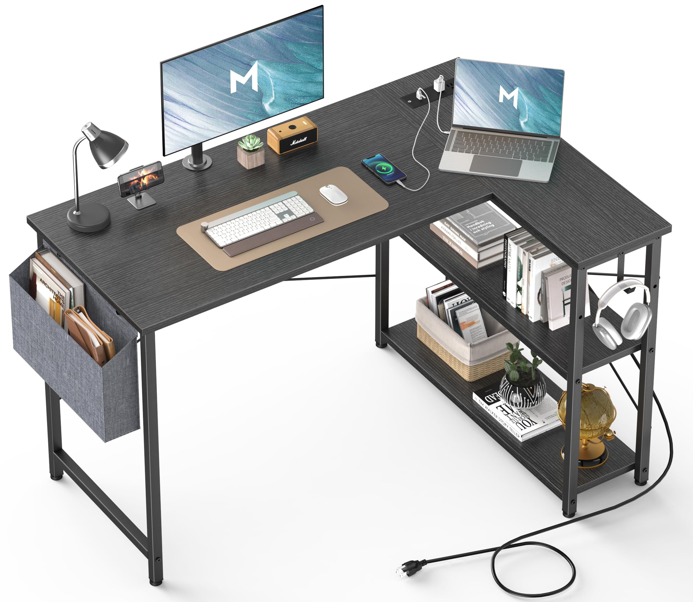 L Shaped Office Desk with USB Ports for Small Spaces