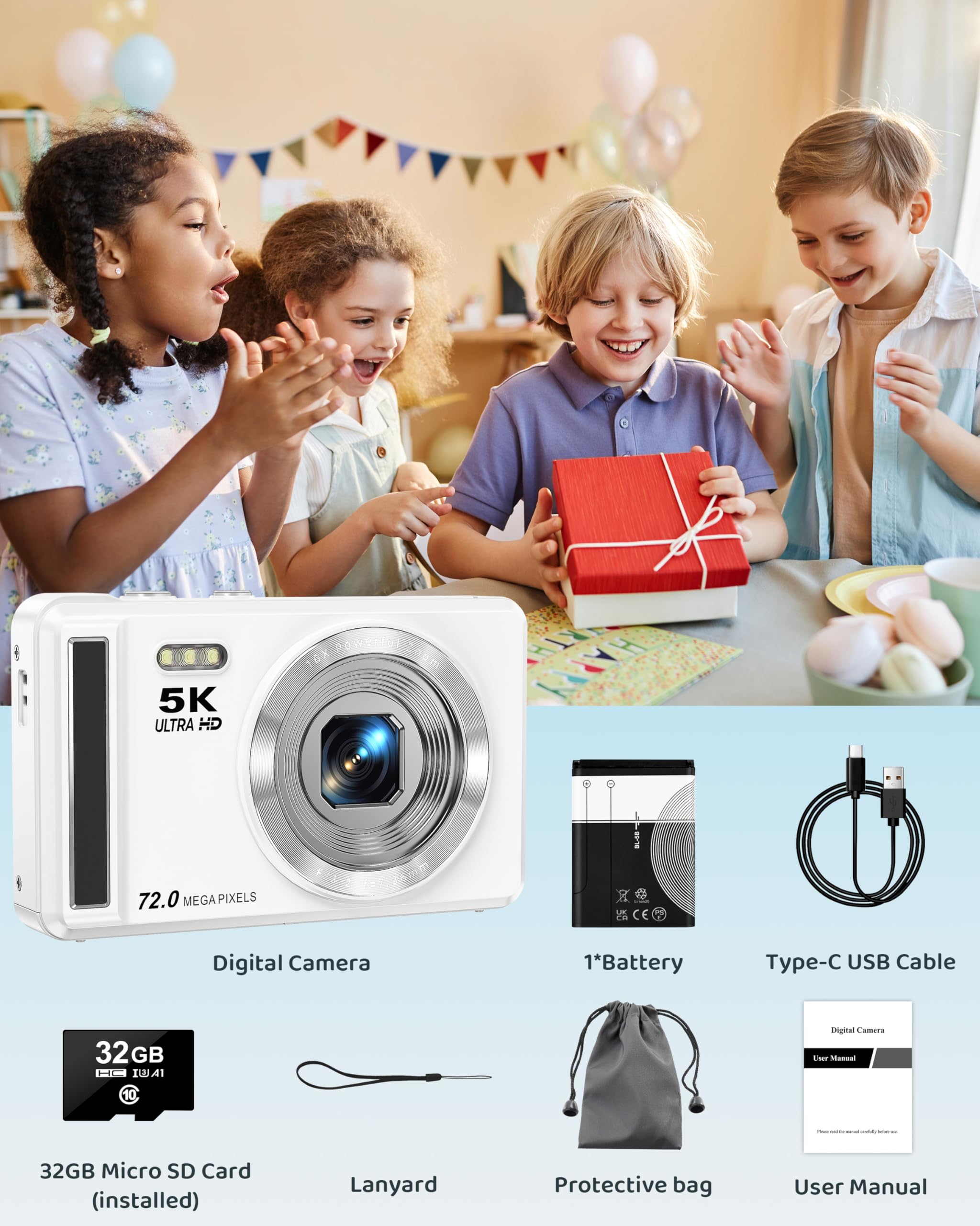 5K Digital Camera with 16X Zoom for Kids