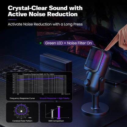 USB Gaming Microphone With RGB Lighting Quick Mute Stand