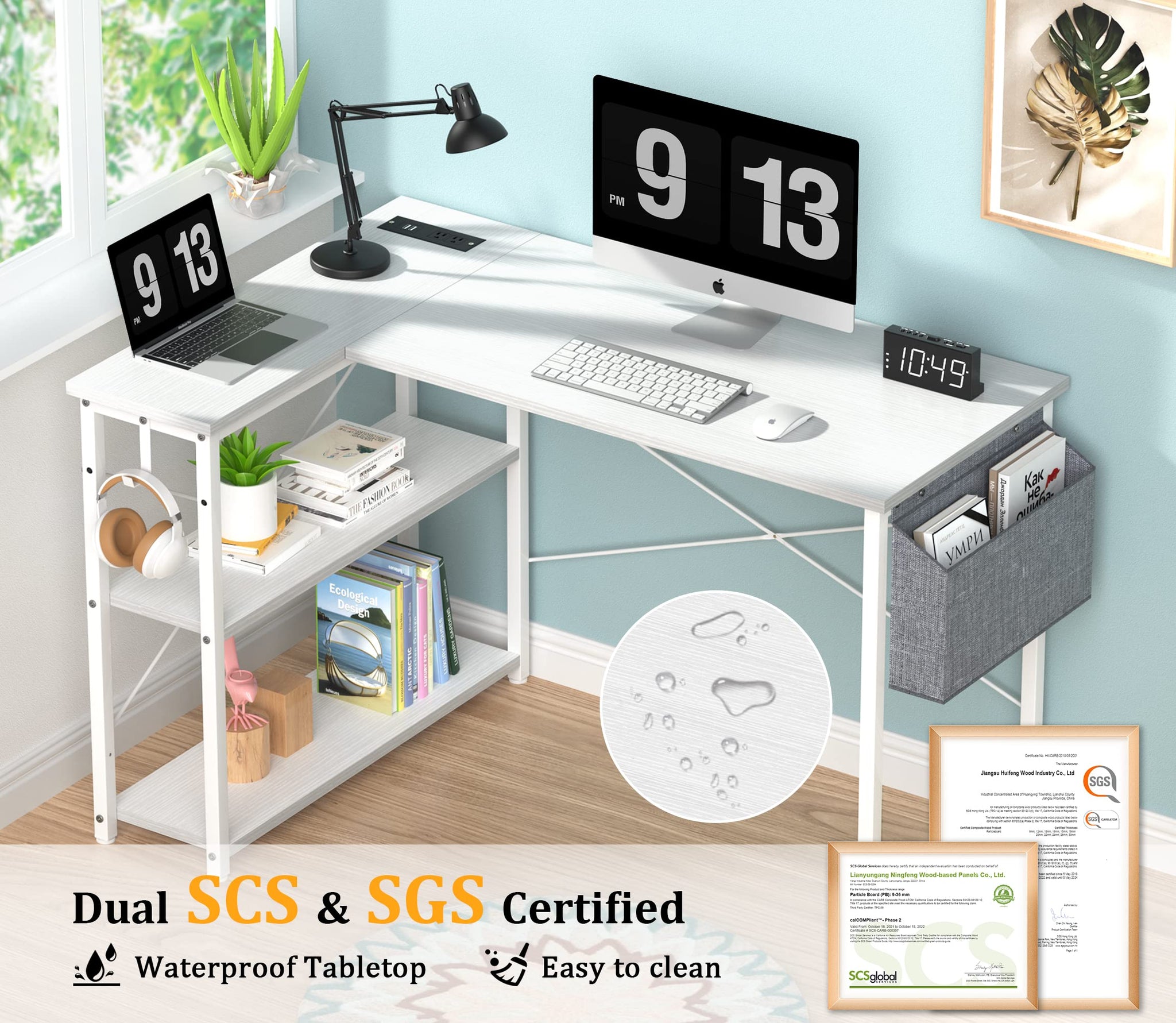 L Shaped Office Desk with USB Ports for Small Spaces