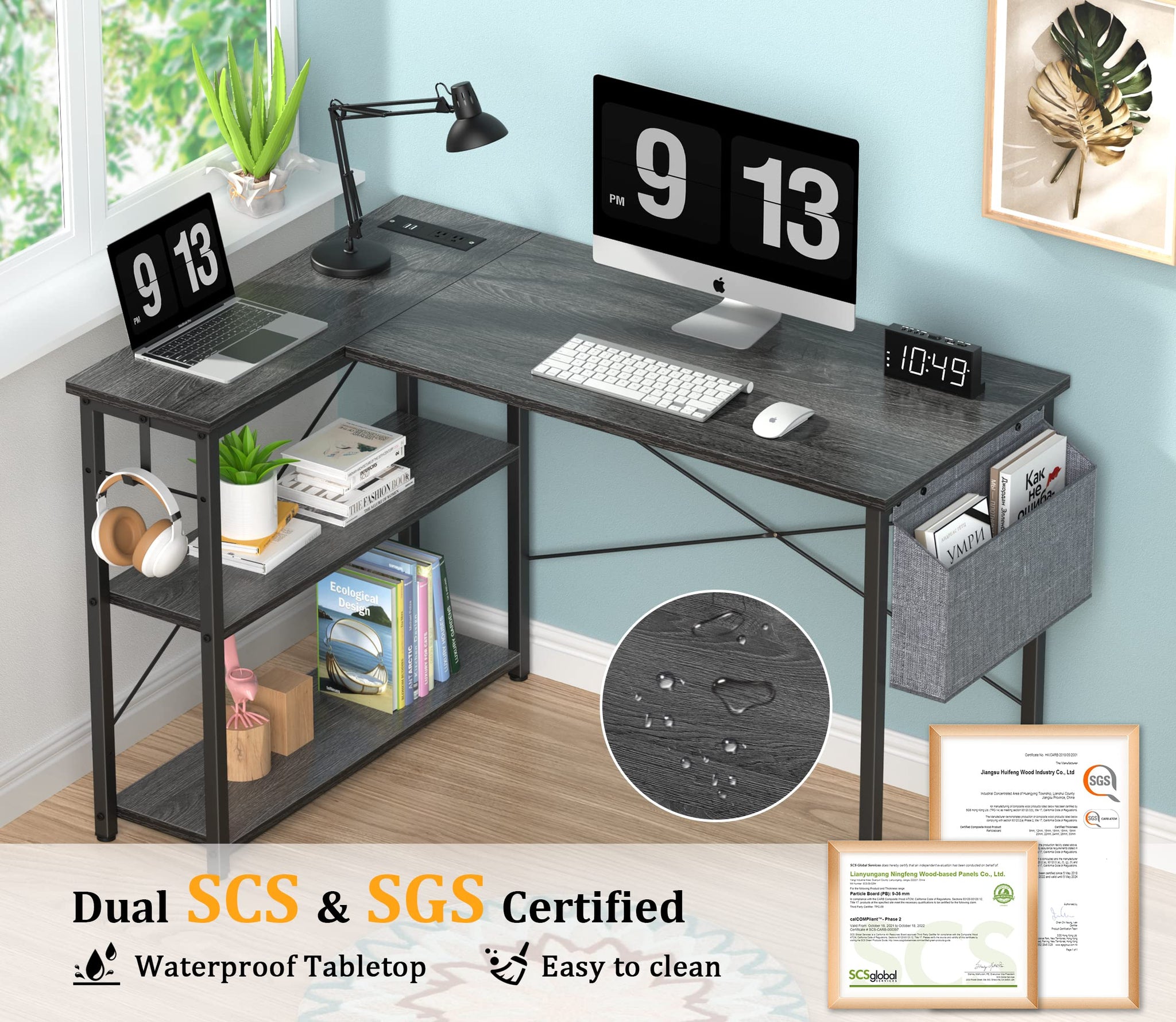 L Shaped Office Desk with USB Ports for Small Spaces
