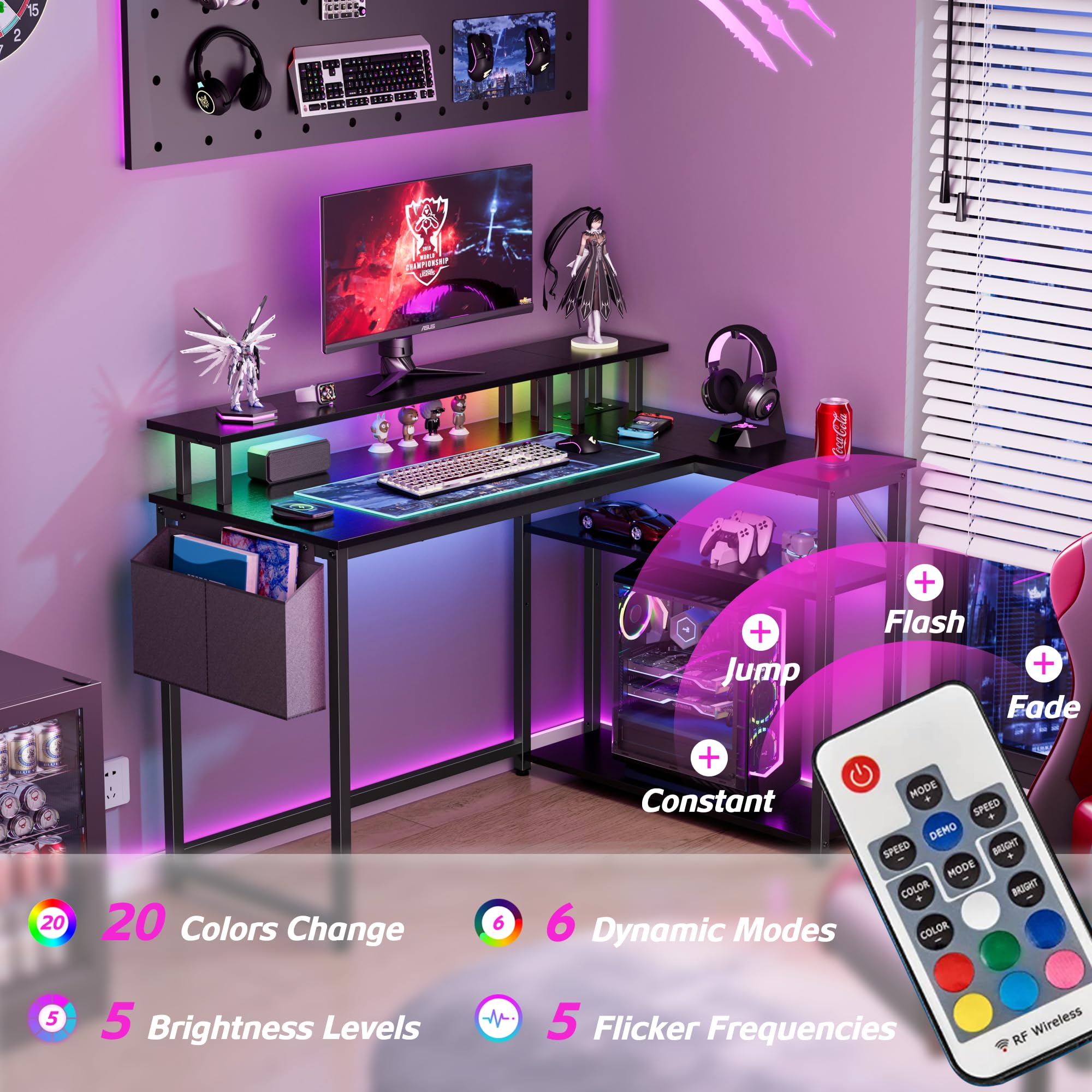 L Shaped Desk with Power Outlets and LED Lights