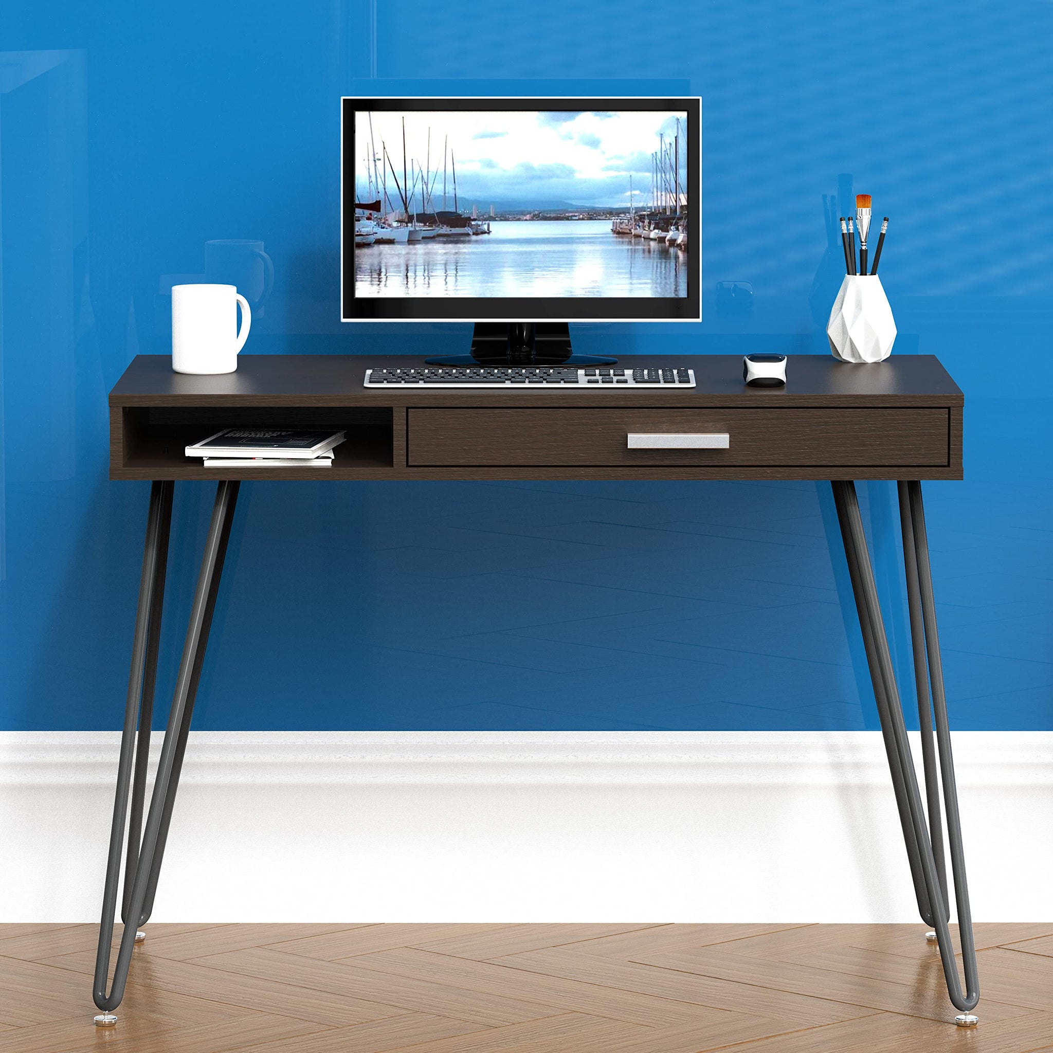 Elegant White Hairpin Leg Desk with Drawer