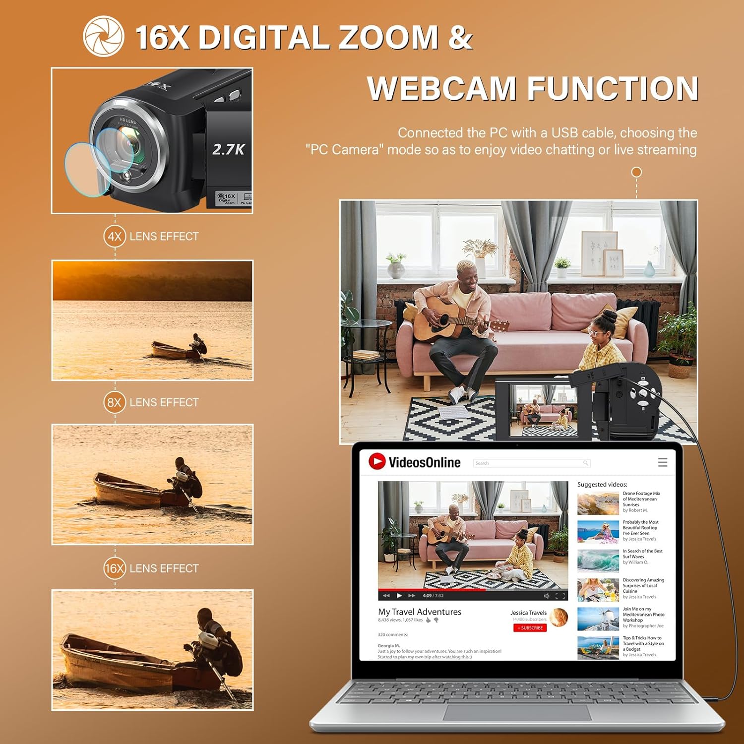 QHD 2.7K Camcorder with 16X Zoom and LED Light
