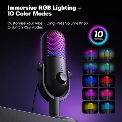 USB Gaming Microphone With RGB Lighting Quick Mute Stand