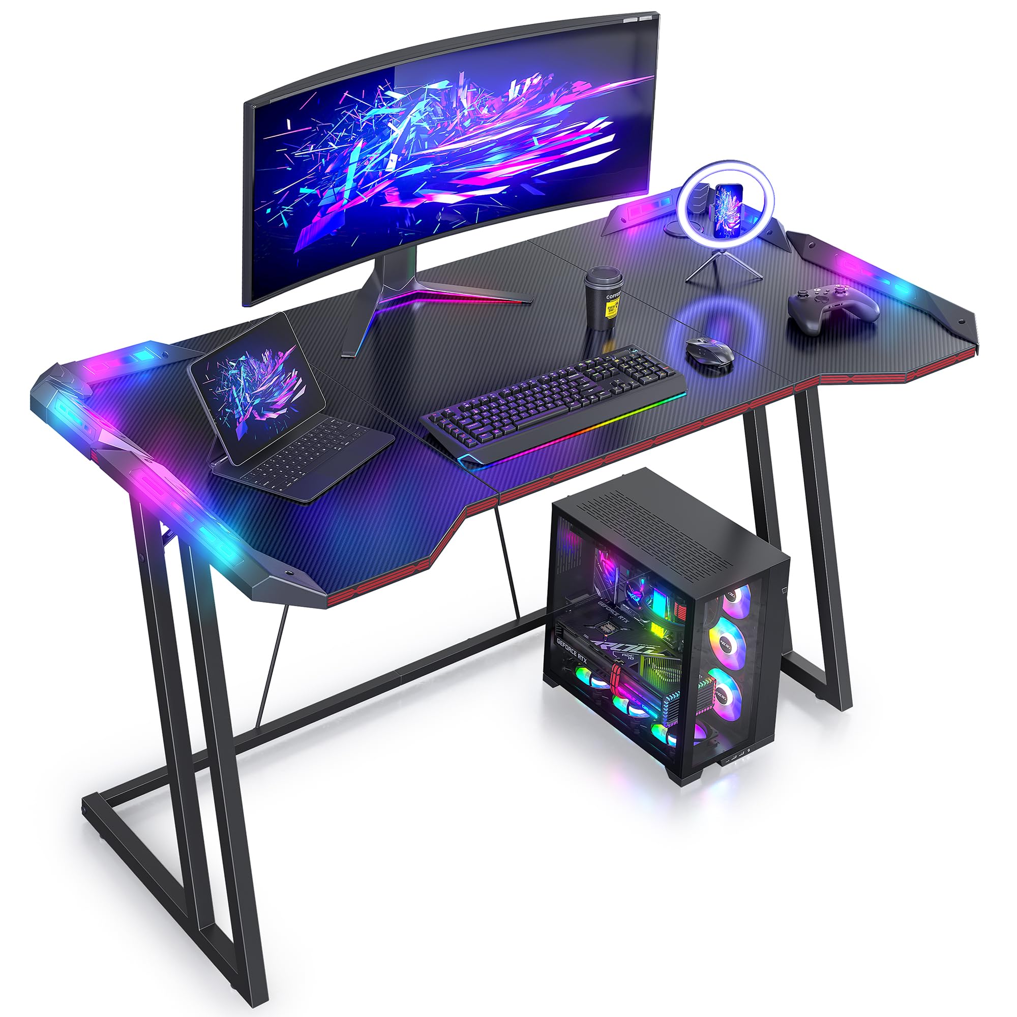 CubiCubi Gaming Desk with LED Lights and Ergonomic Design