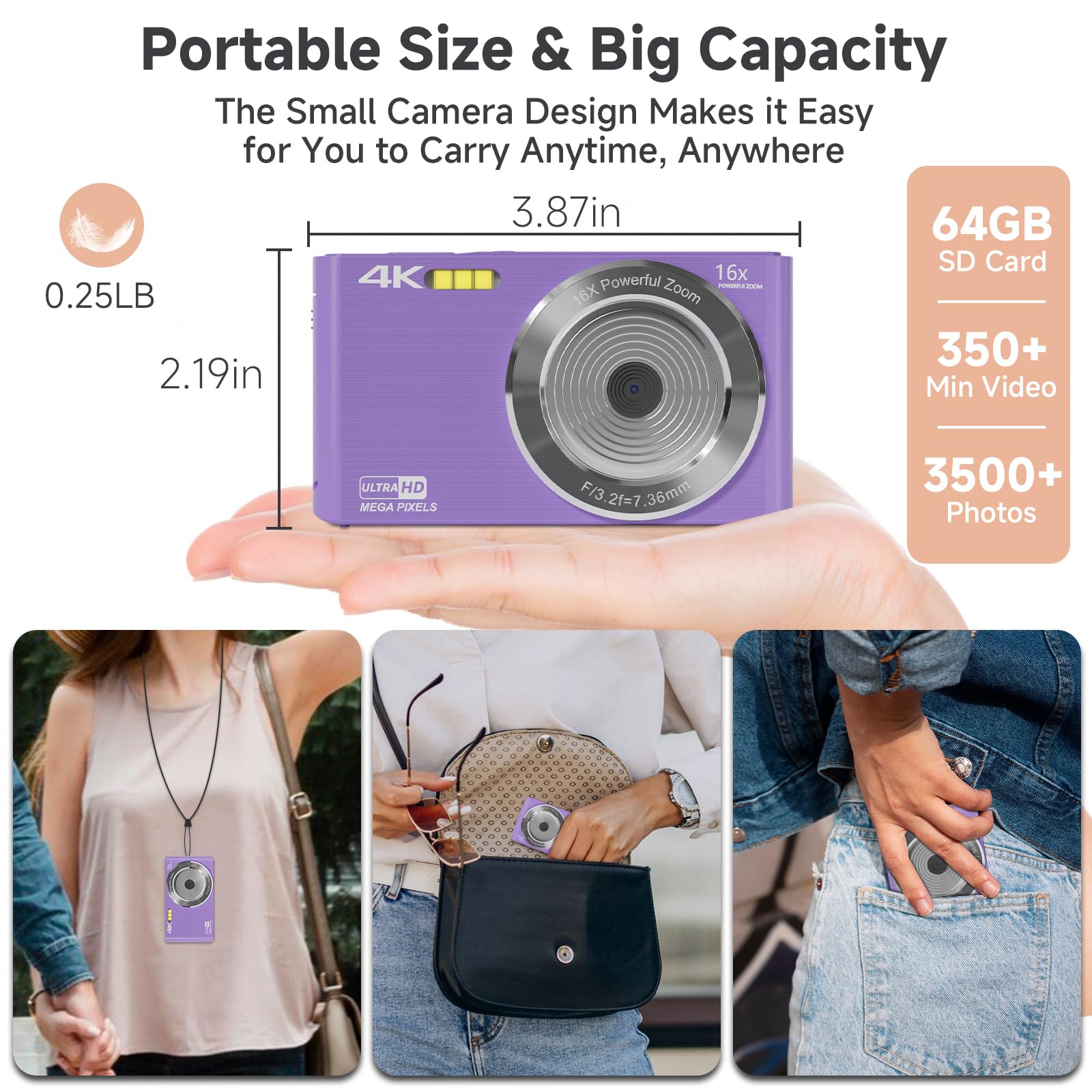 FHD 4K Digital Camera for Kids with 16X Zoom