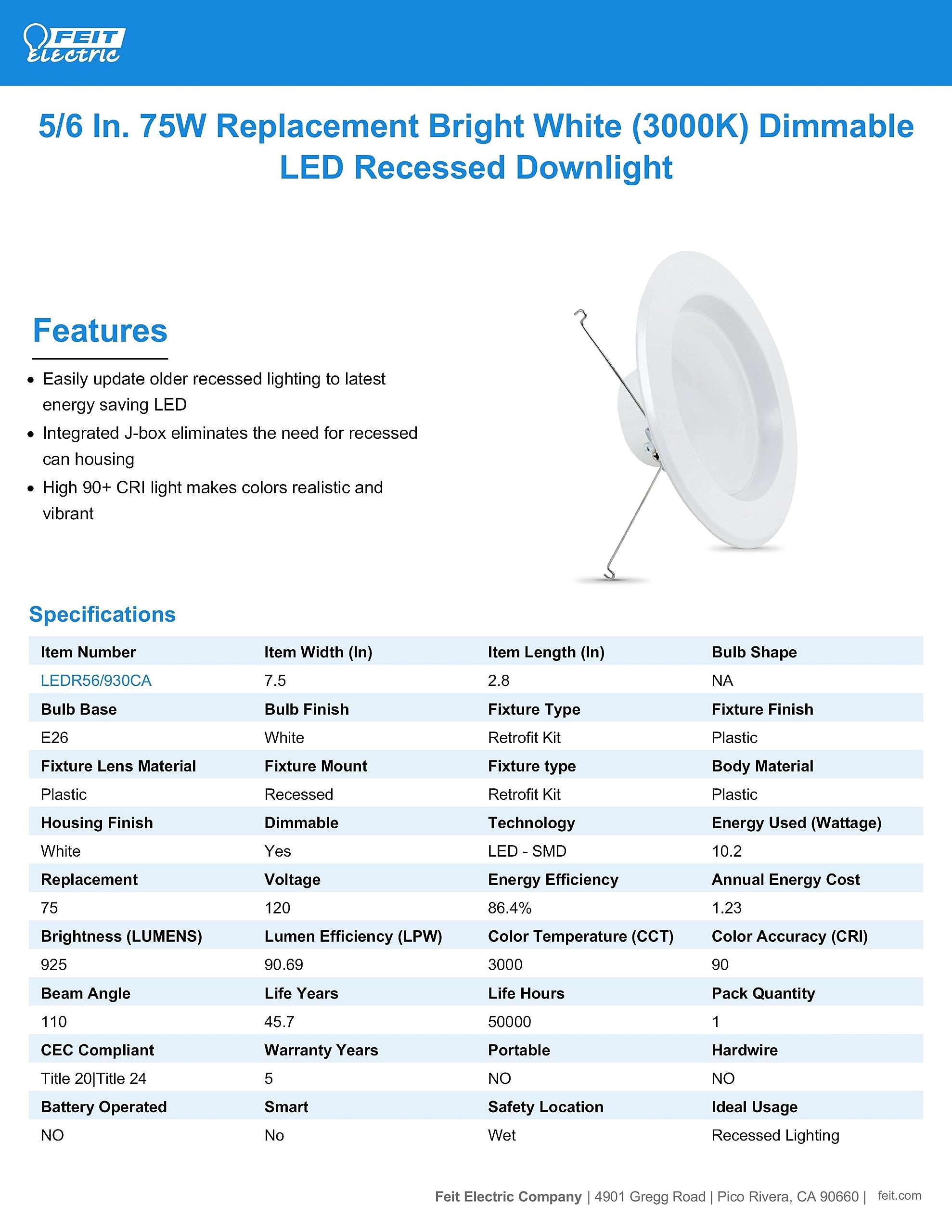 Energy Efficient LED Downlight Retrofit Kit with Adjustable Trim