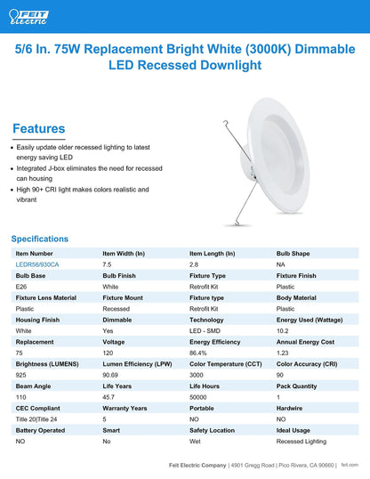 Energy Efficient LED Downlight Retrofit Kit with Adjustable Trim
