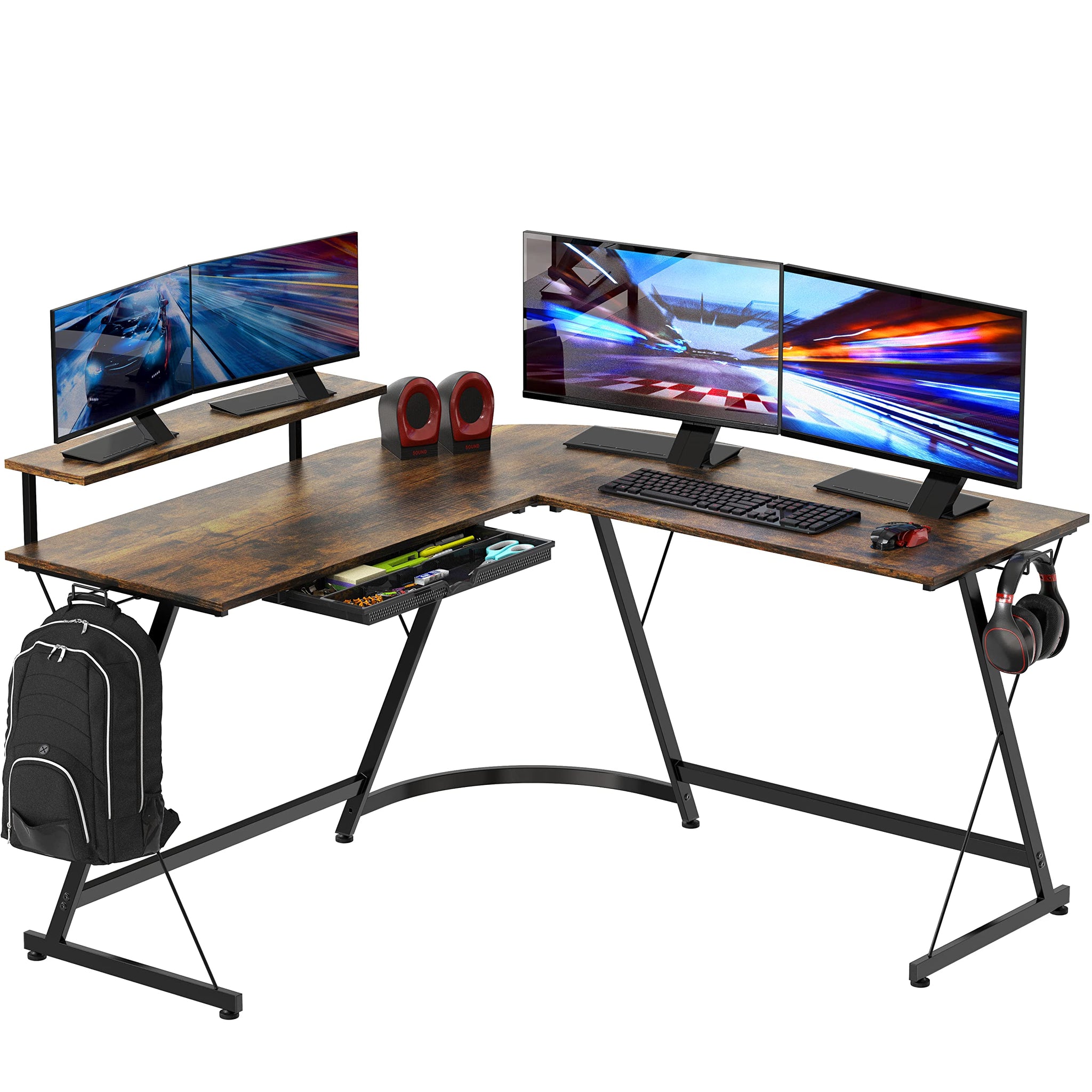 L Shaped Black Desk with Monitor Stand and Drawer