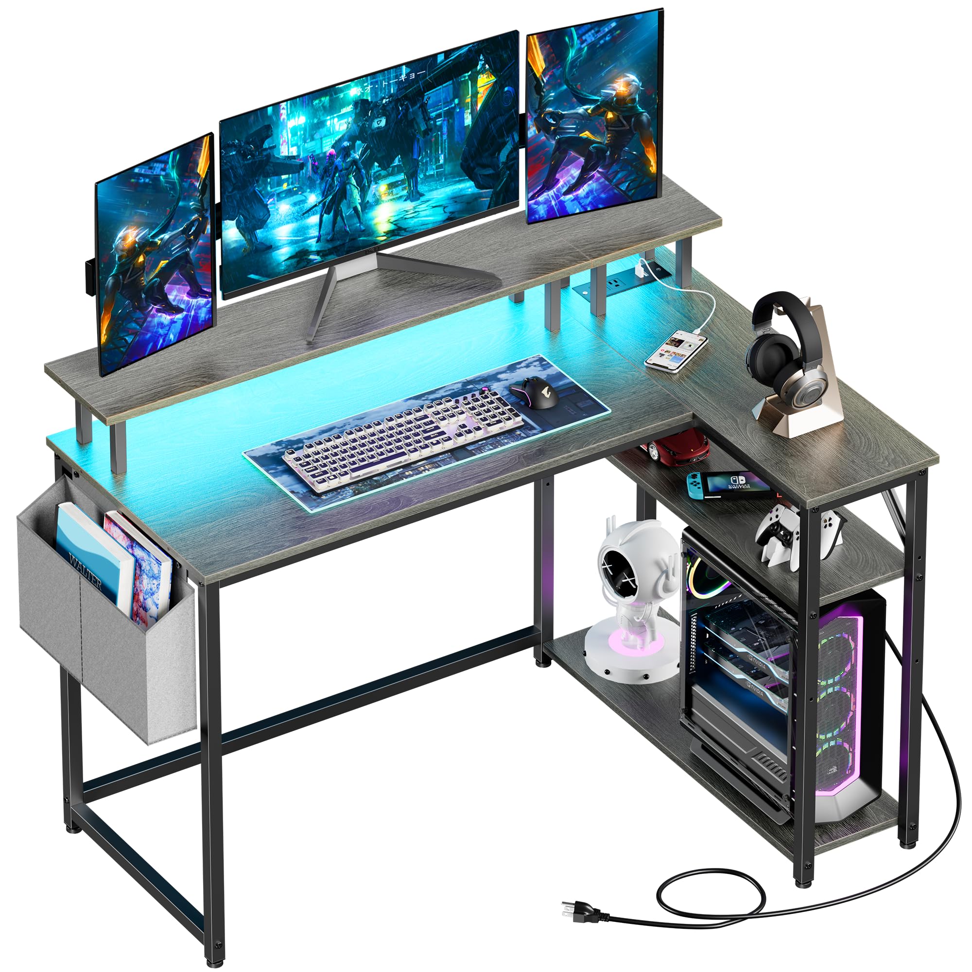 L Shaped Desk with Power Outlets and LED Lights