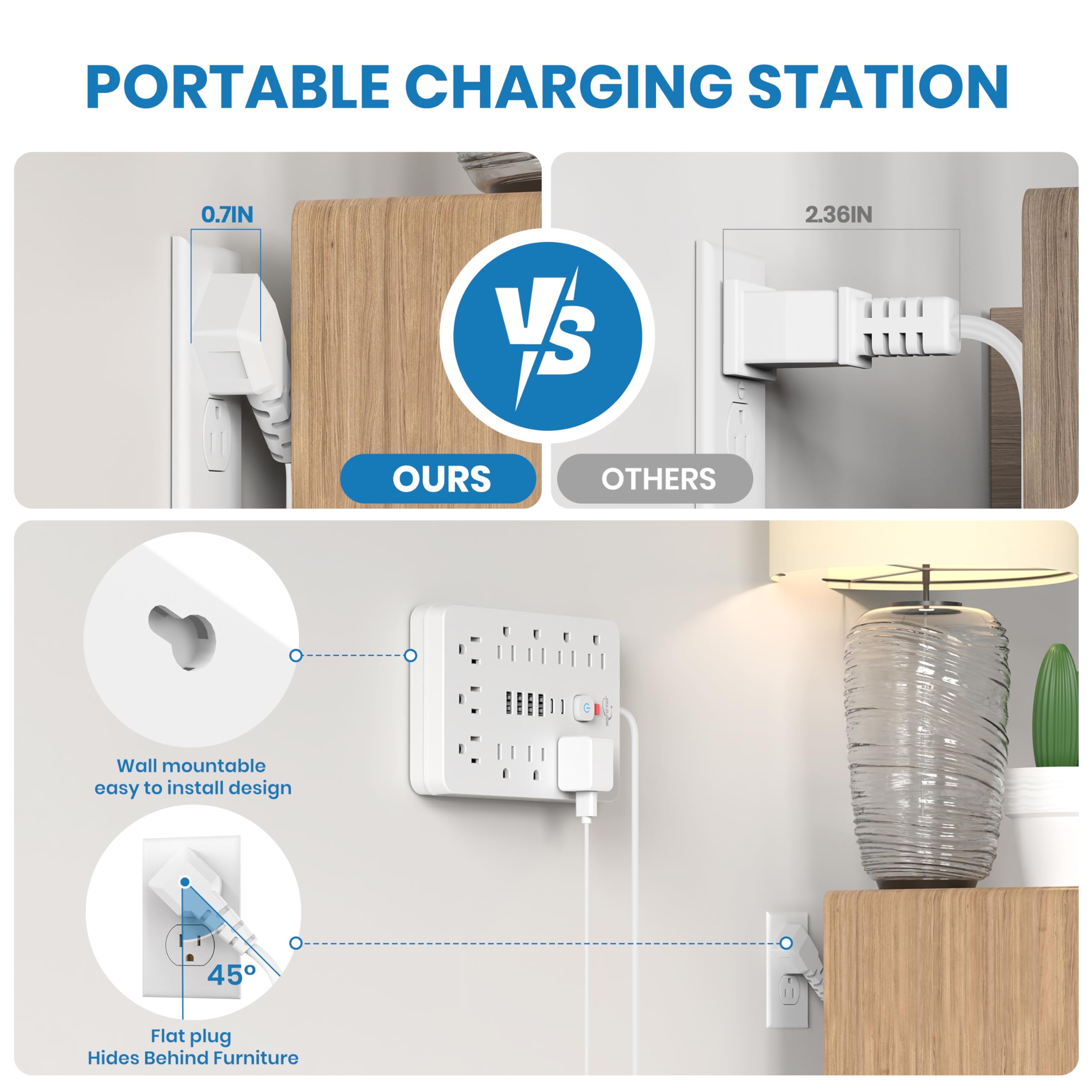 Power Strip Surge Protector With USB Ports Wall Mount