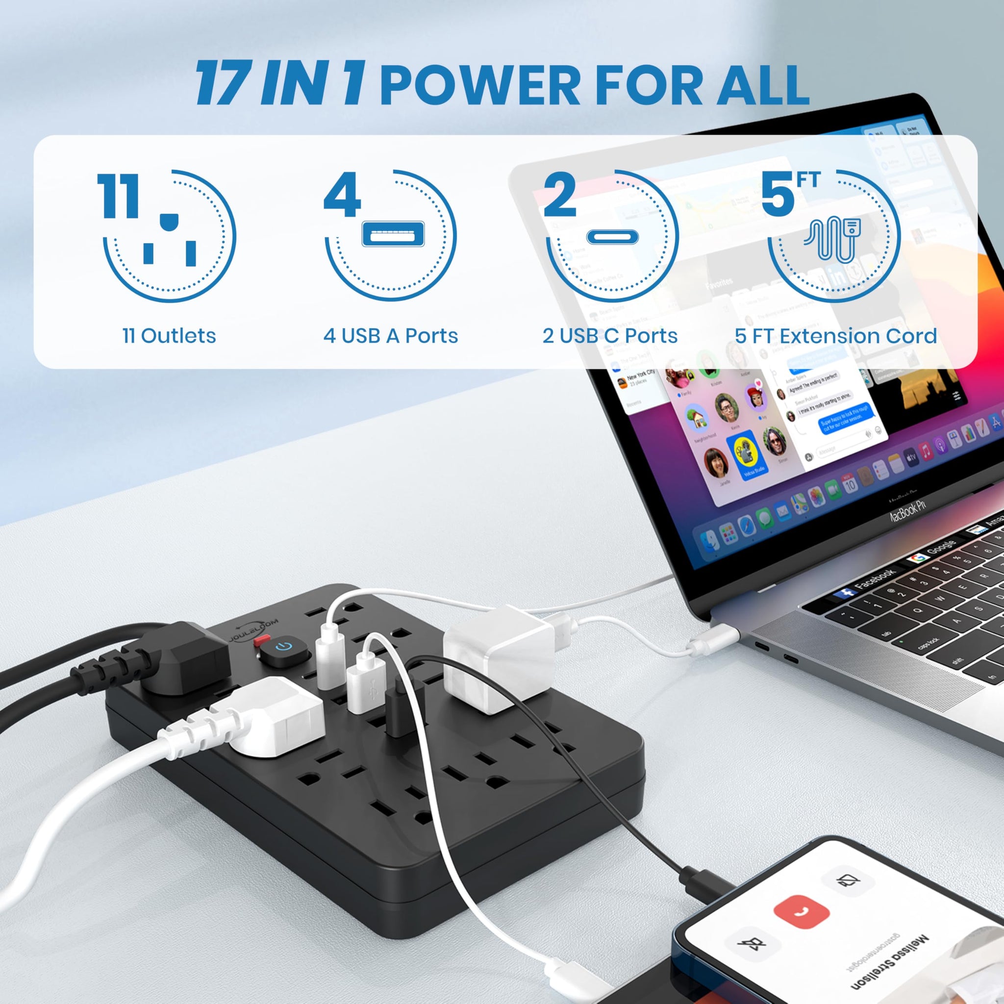 Power Strip Surge Protector With USB Ports Wall Mount