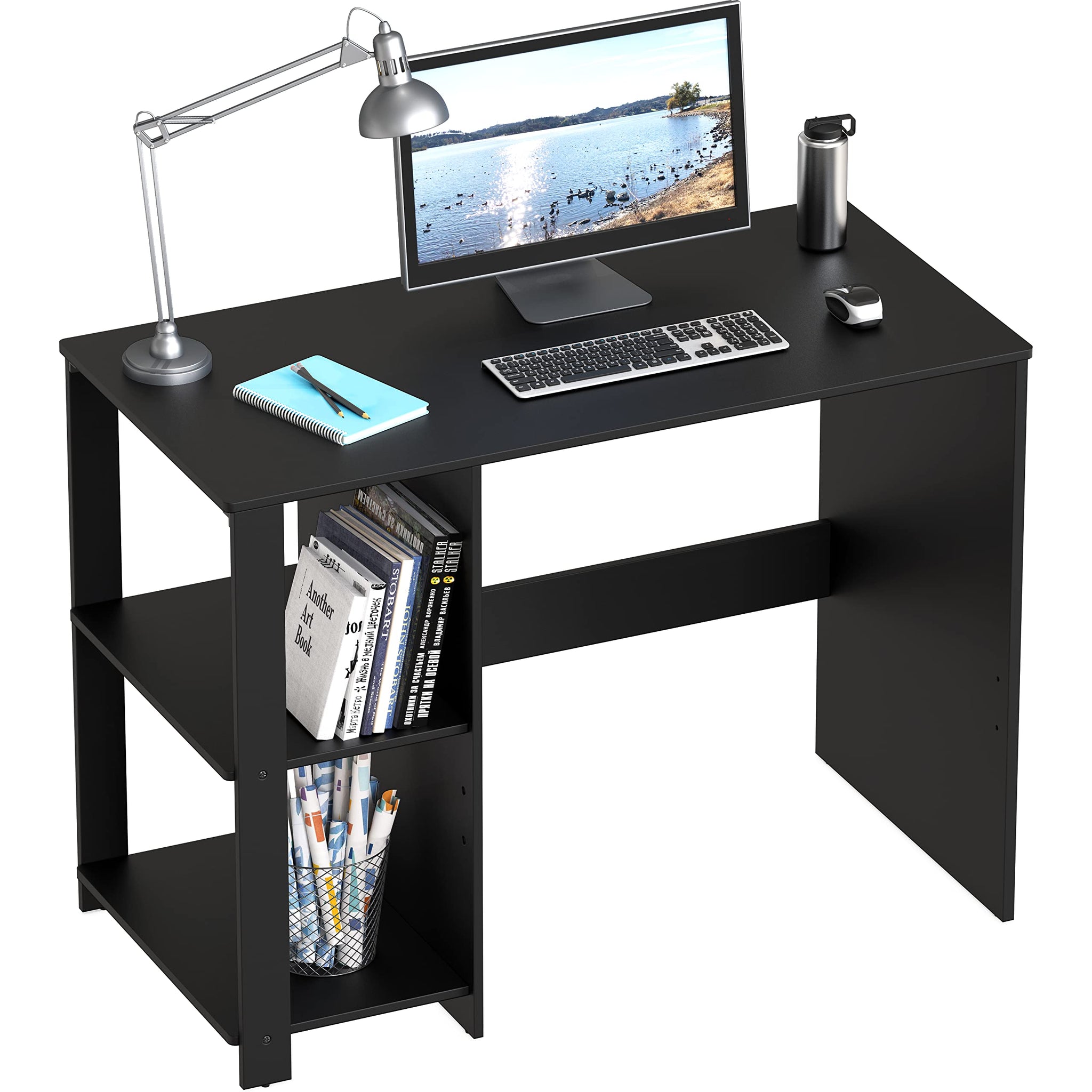 SHW 38 Inch Black Home Office Desk with Shelves