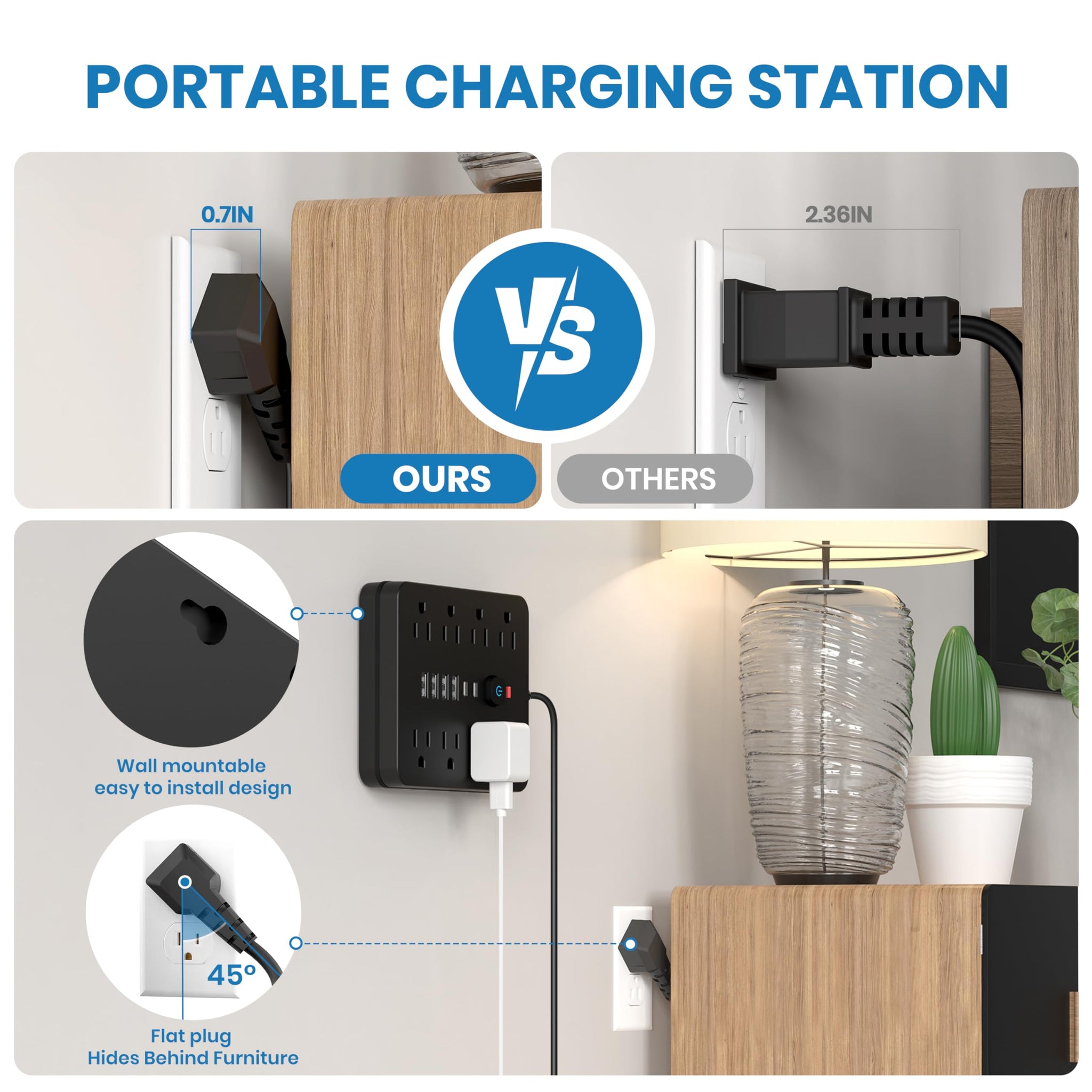 Power Strip Surge Protector With USB Ports Wall Mount