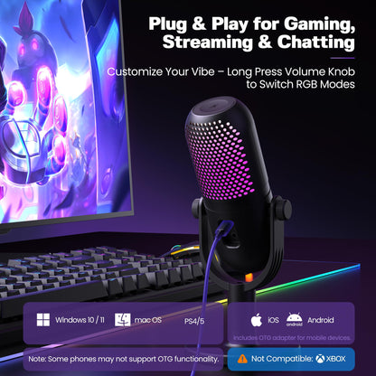 USB Gaming Microphone With RGB Lighting Quick Mute Stand