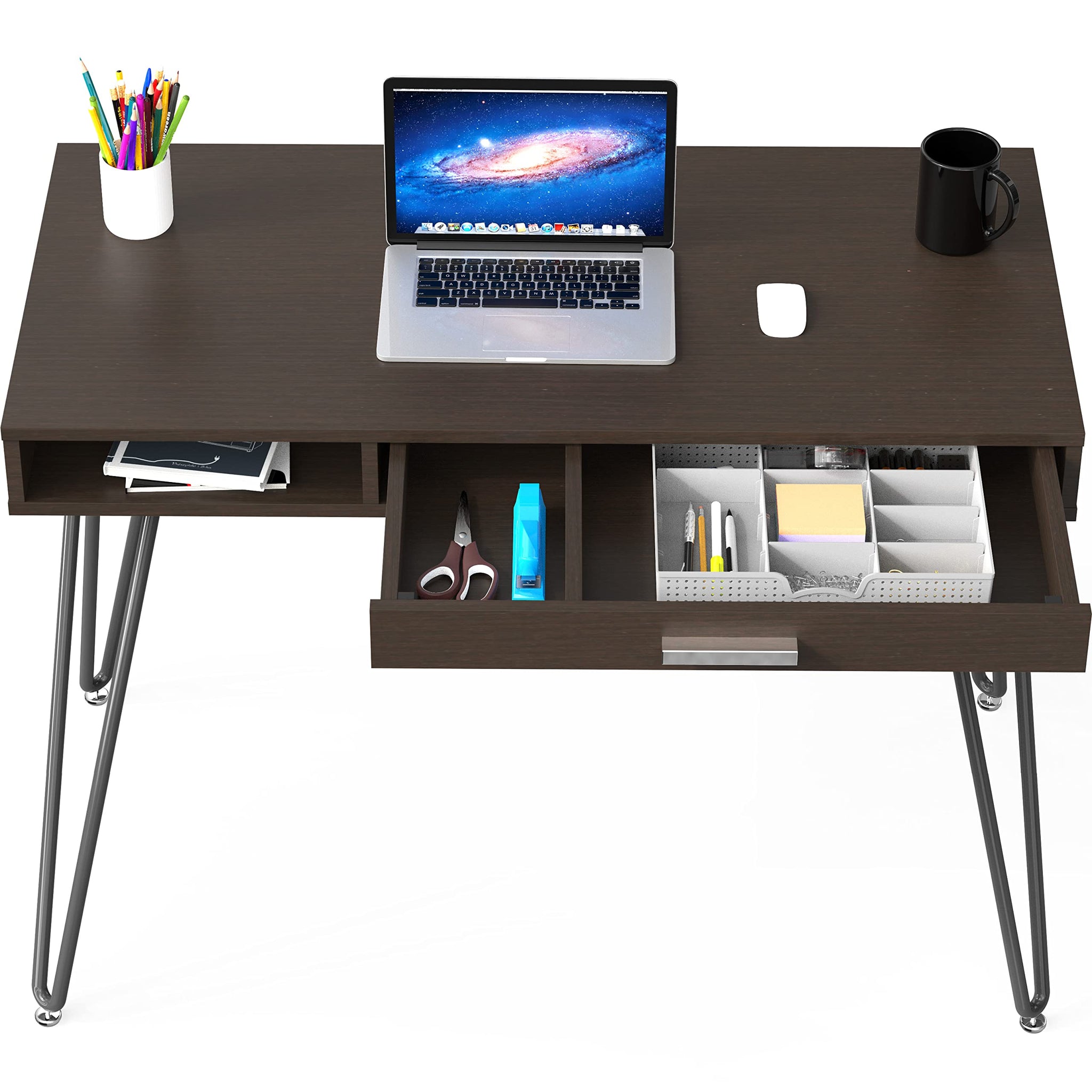 Elegant White Hairpin Leg Desk with Drawer