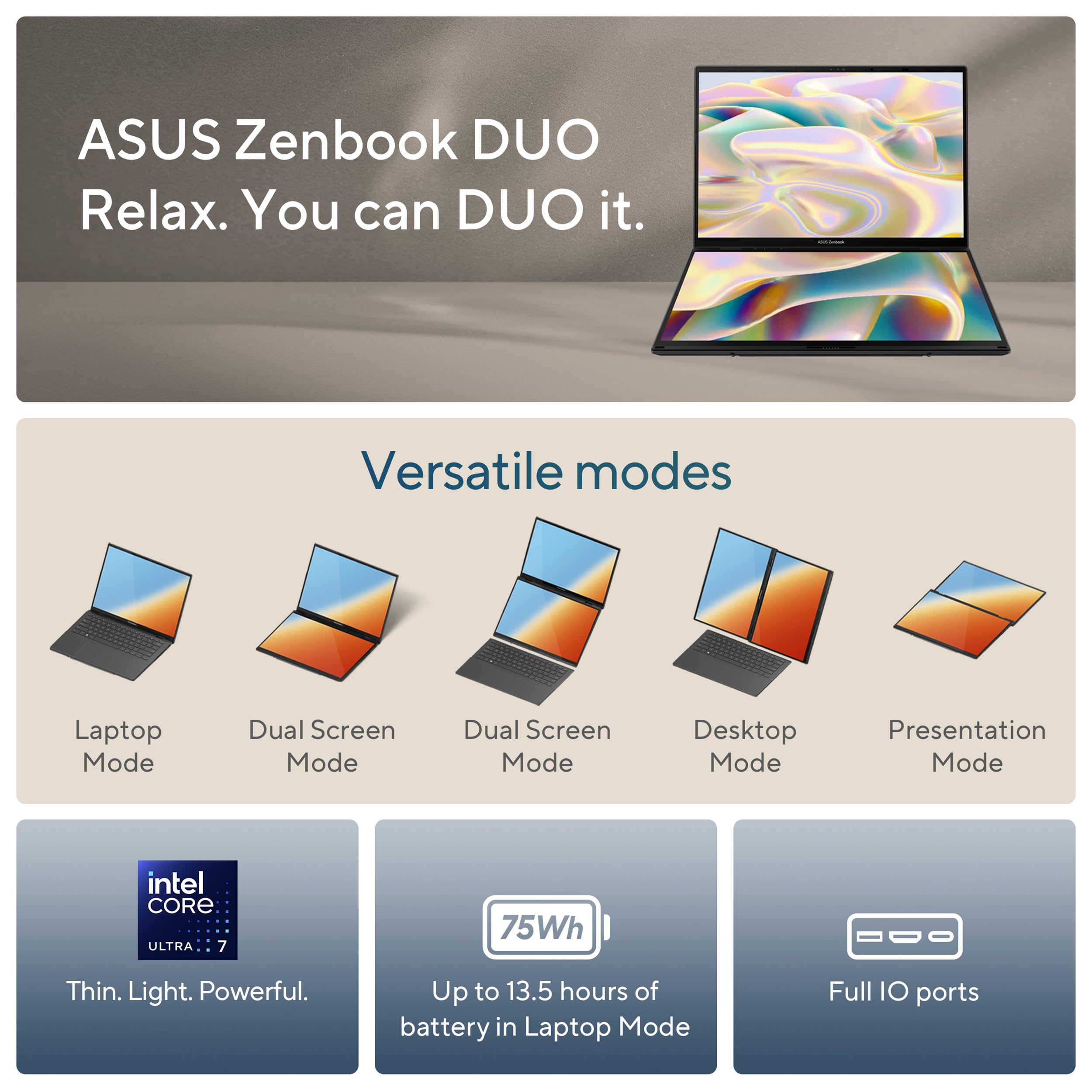 ASUS Zenbook Duo Laptop with Dual 14 Inch OLED Display