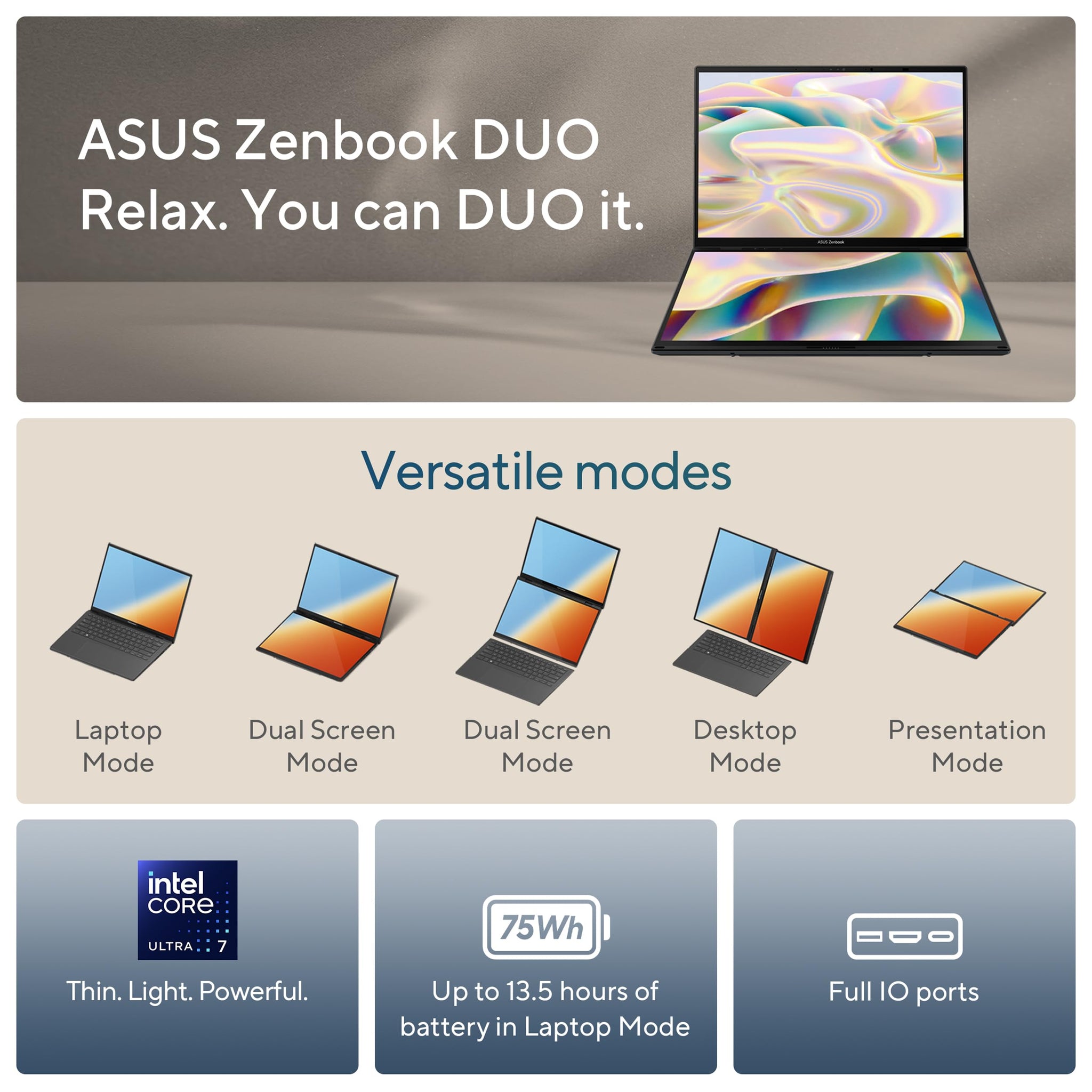 ASUS Zenbook Duo Laptop with Dual 14 Inch OLED Display