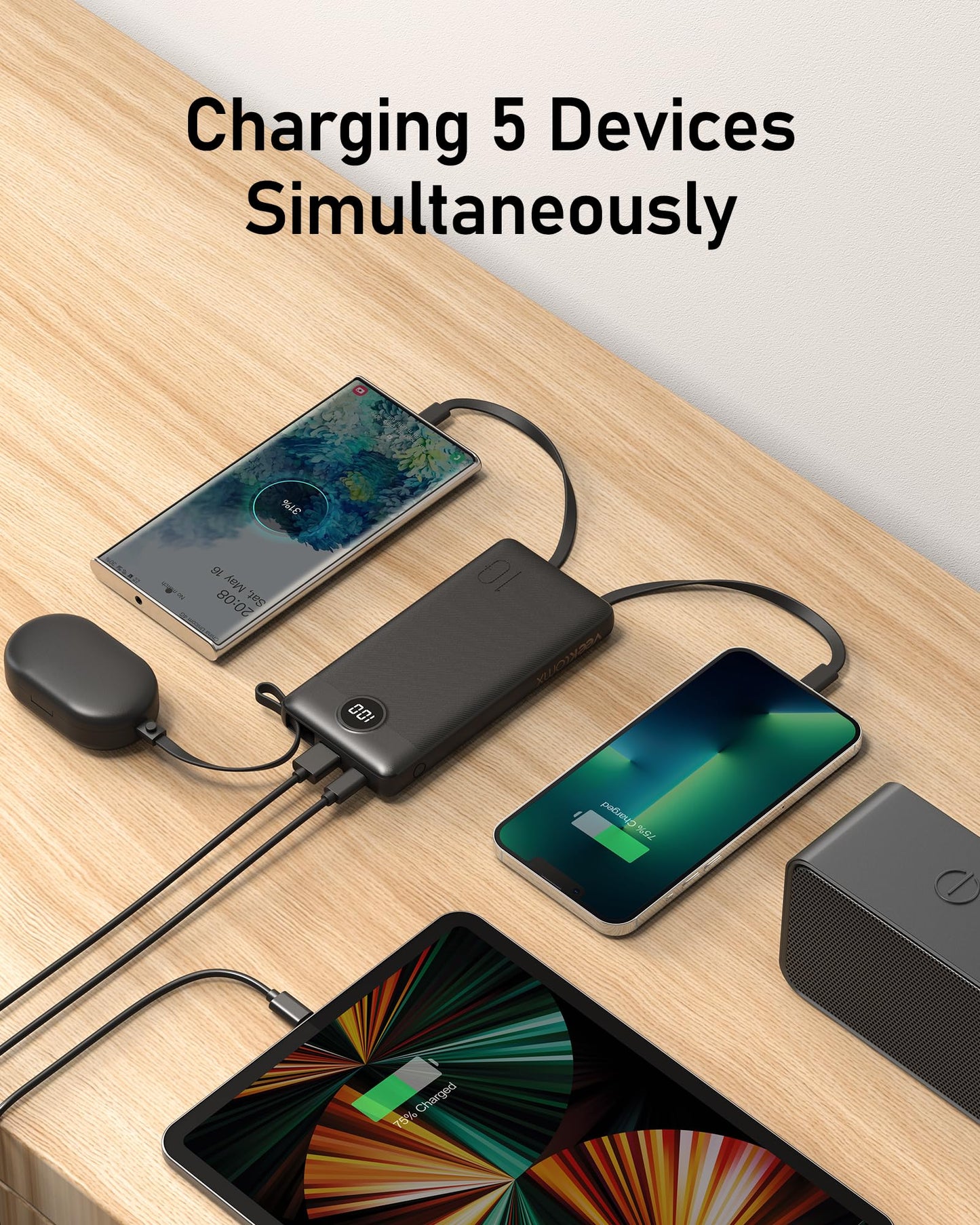 VEEKTOMX Portable Charger 10000mAh BuiltIn Cables Fast Charge