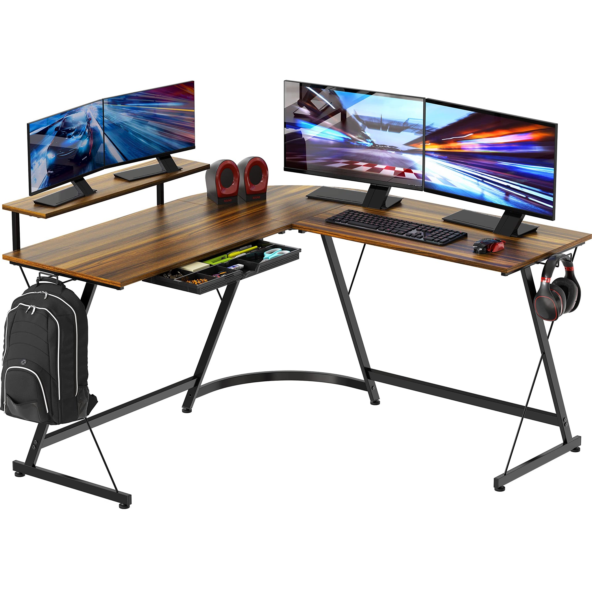L Shaped Black Desk with Monitor Stand and Drawer