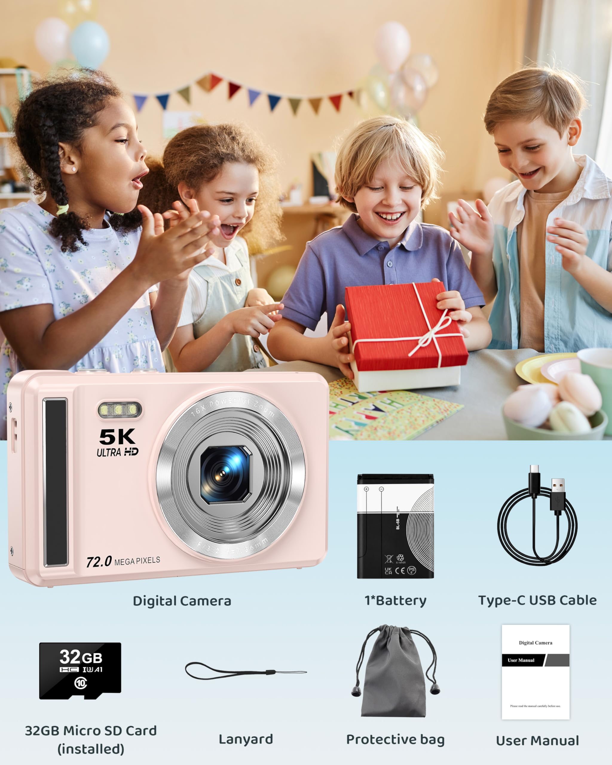 5K Digital Camera with 16X Zoom for Kids
