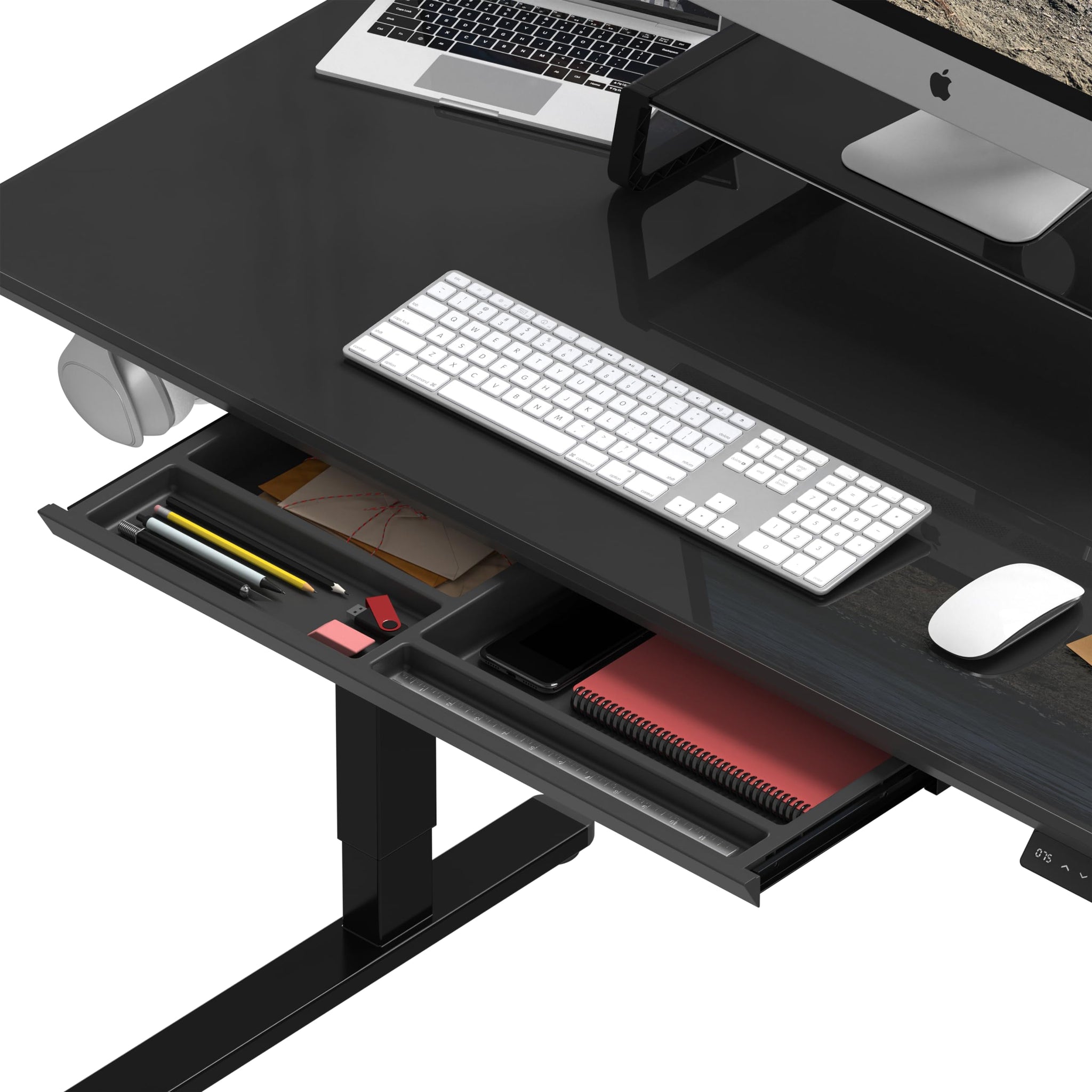 Height Adjustable Glass Desk With Monitor Riser