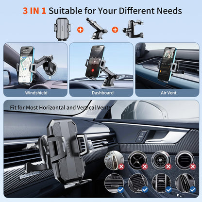 Upgraded 3 In 1 Car Phone Holder Mount Powerful Suction