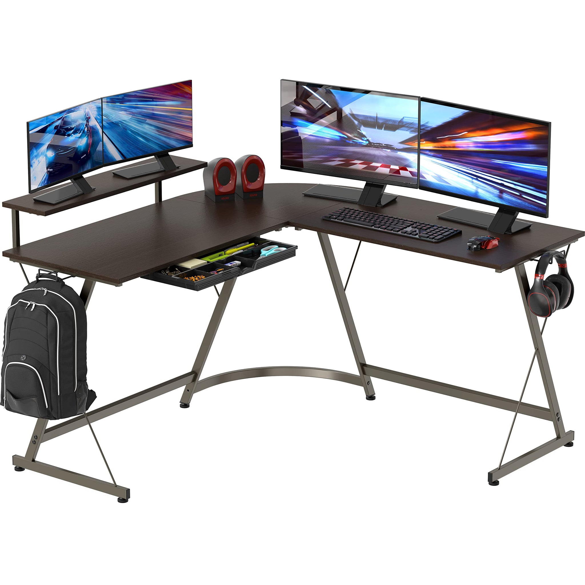 L Shaped Black Desk with Monitor Stand and Drawer