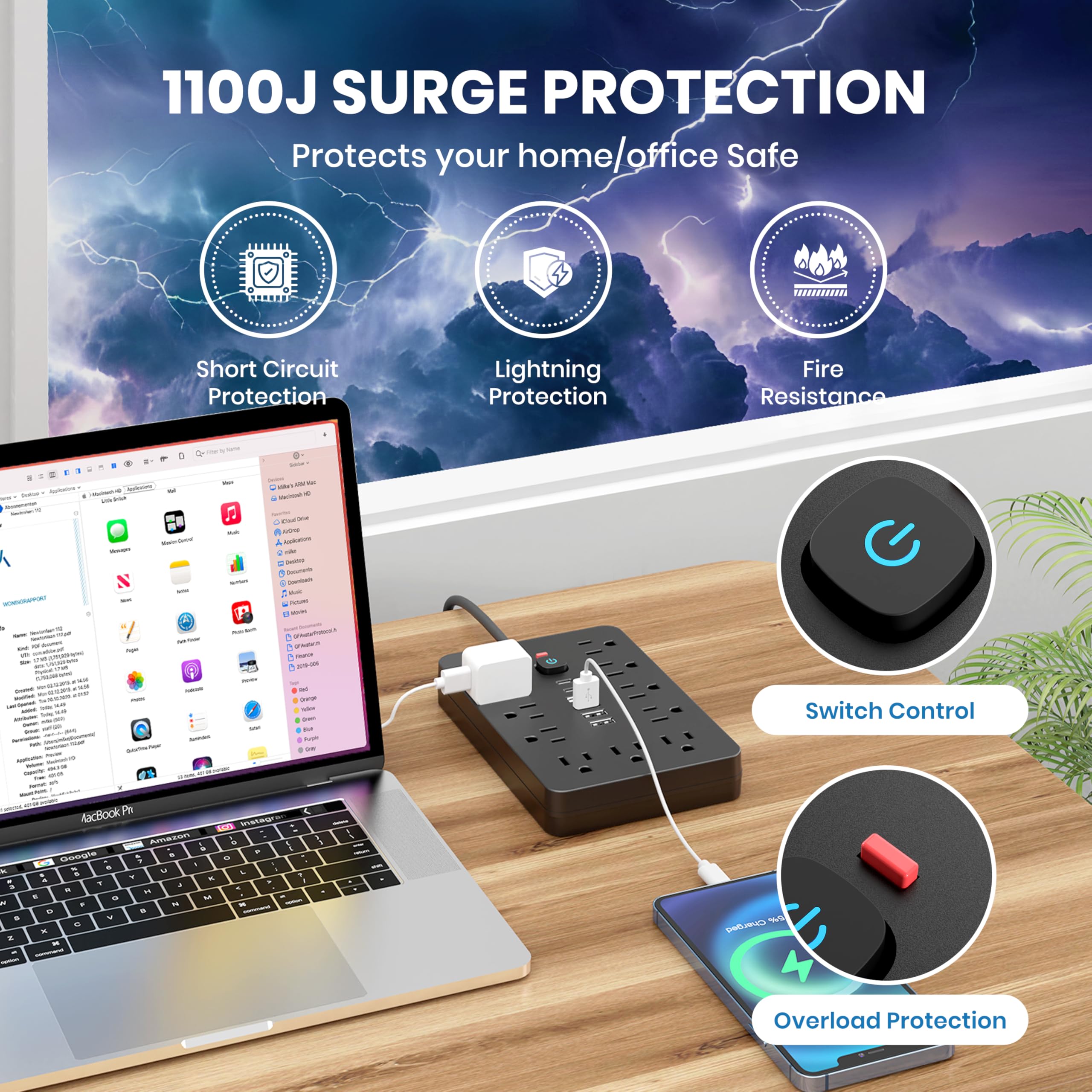 Power Strip Surge Protector With USB Ports Wall Mount