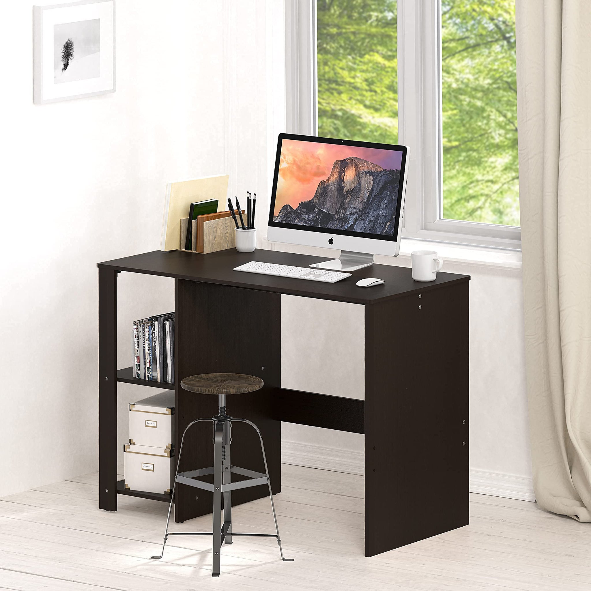 SHW 38 Inch Black Home Office Desk with Shelves