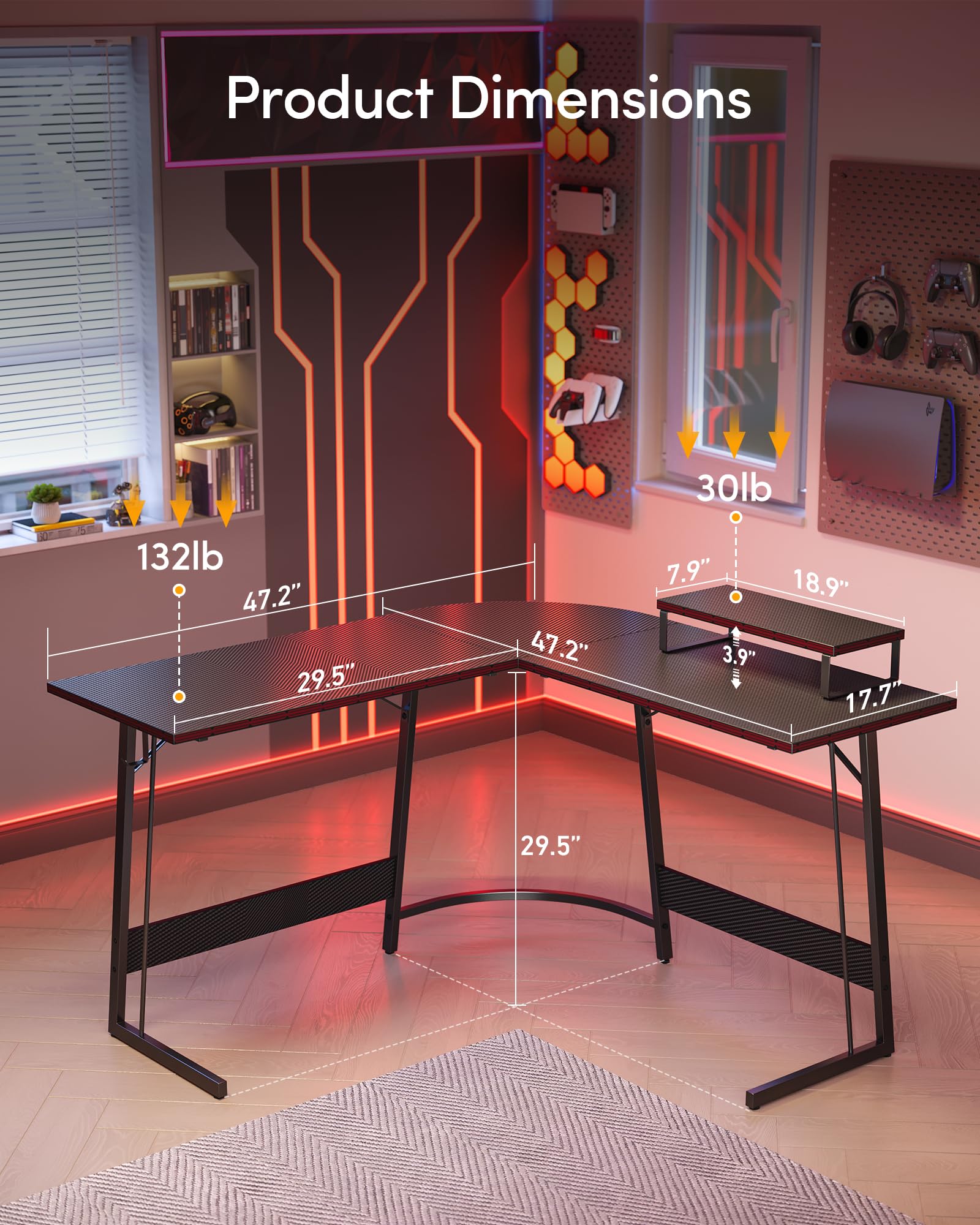 CubiCubi L Shaped Gaming Desk with Carbon Fiber Surface