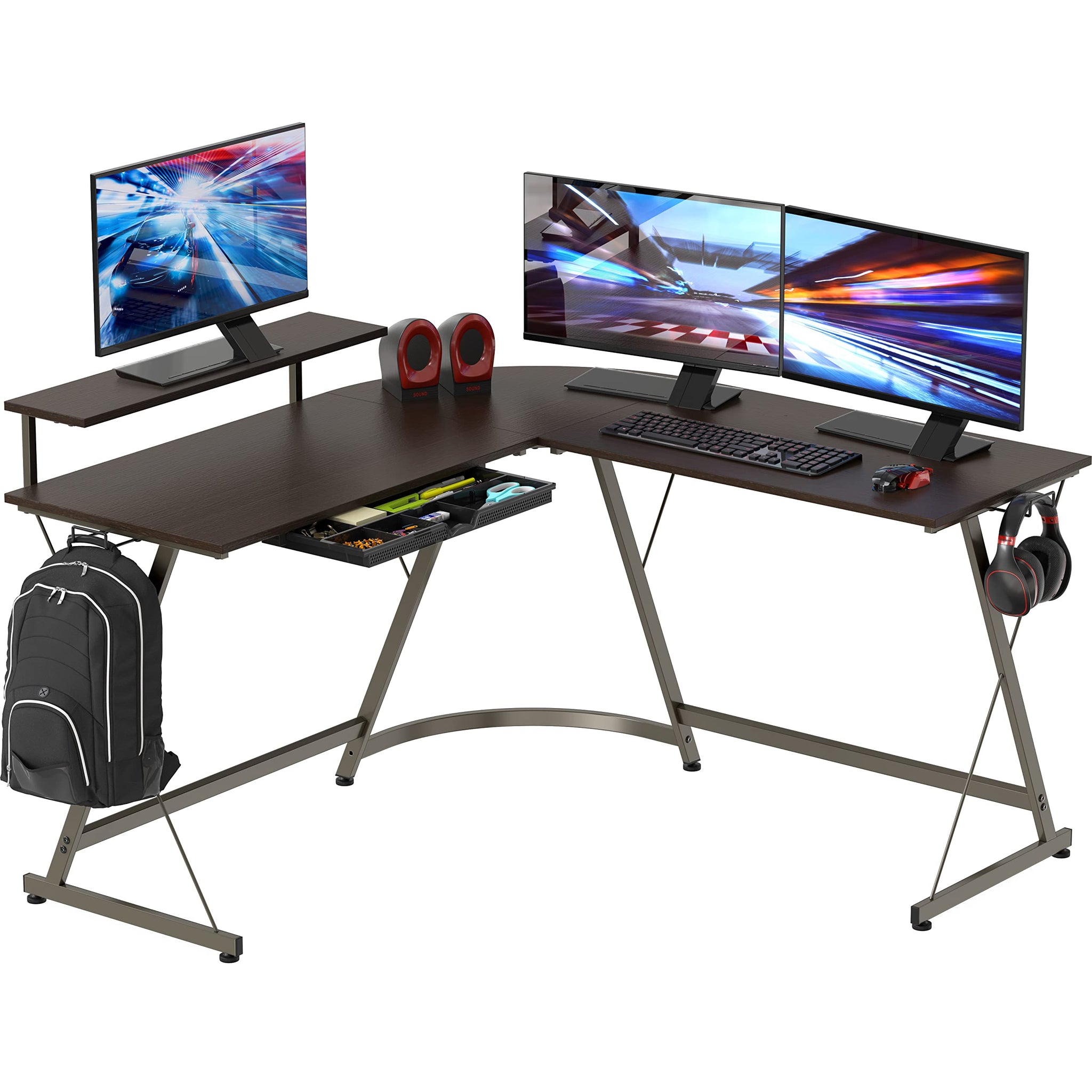 L Shaped Black Desk with Monitor Stand and Drawer