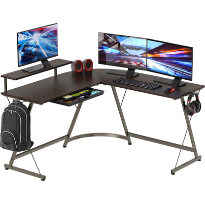 L Shaped Black Desk with Monitor Stand and Drawer