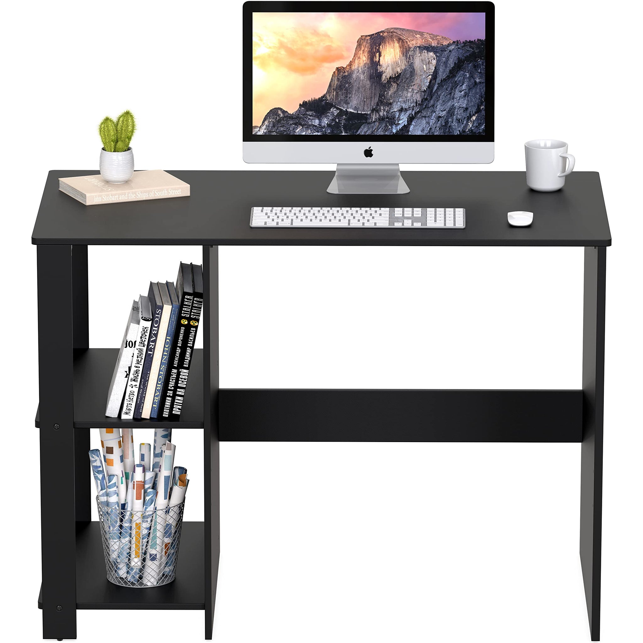 SHW 38 Inch Black Home Office Desk with Shelves